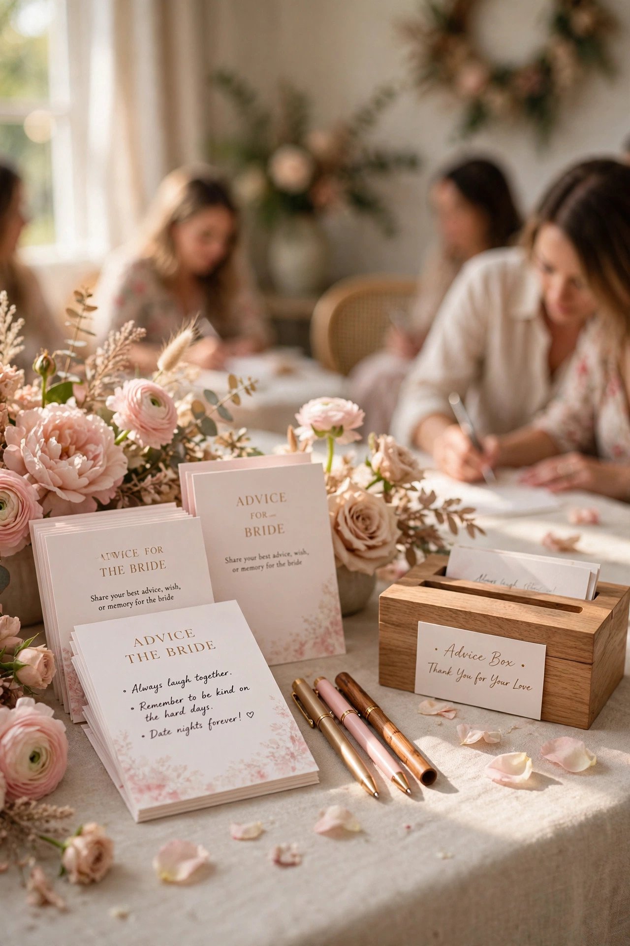 Advice for the bride cards being written by guests at a bridal shower