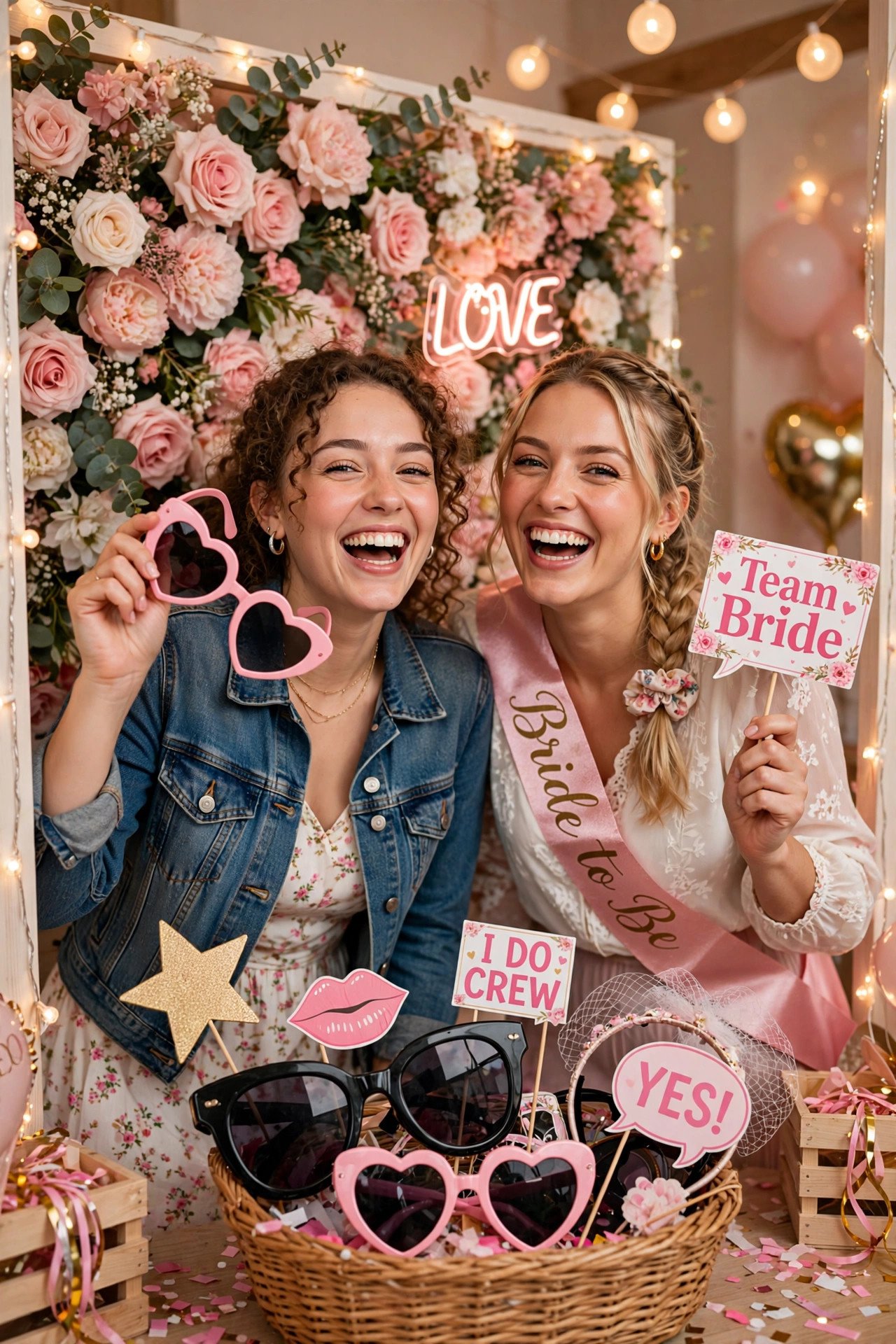Love themed photo booth with fun props at a bridal shower