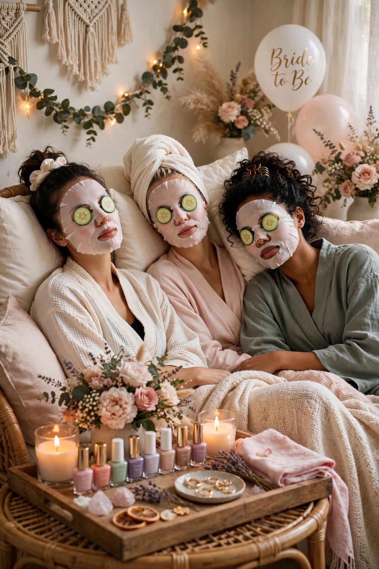 Bridal shower guests enjoying a mini pamper party with face masks and manicures
