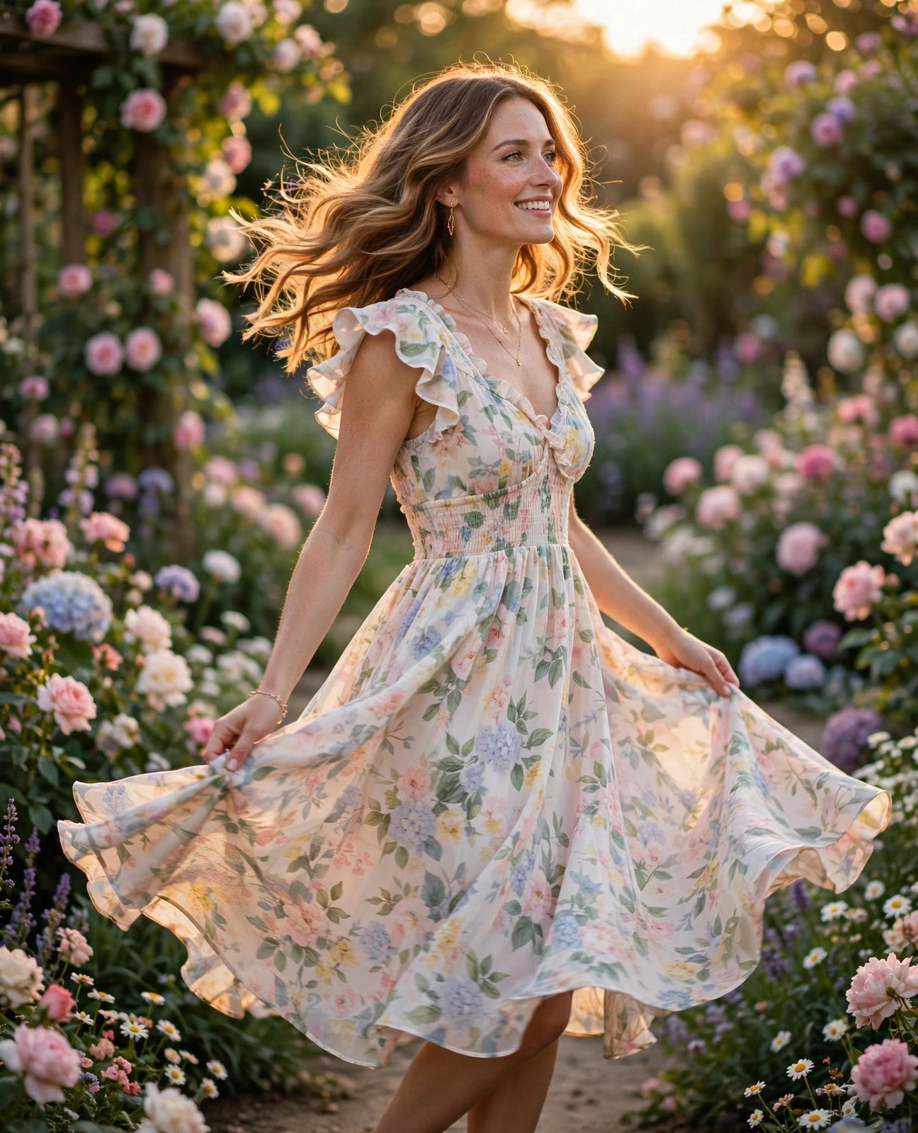 Woman twirling in a floral print midi sundress with flutter sleeves in a blooming garden