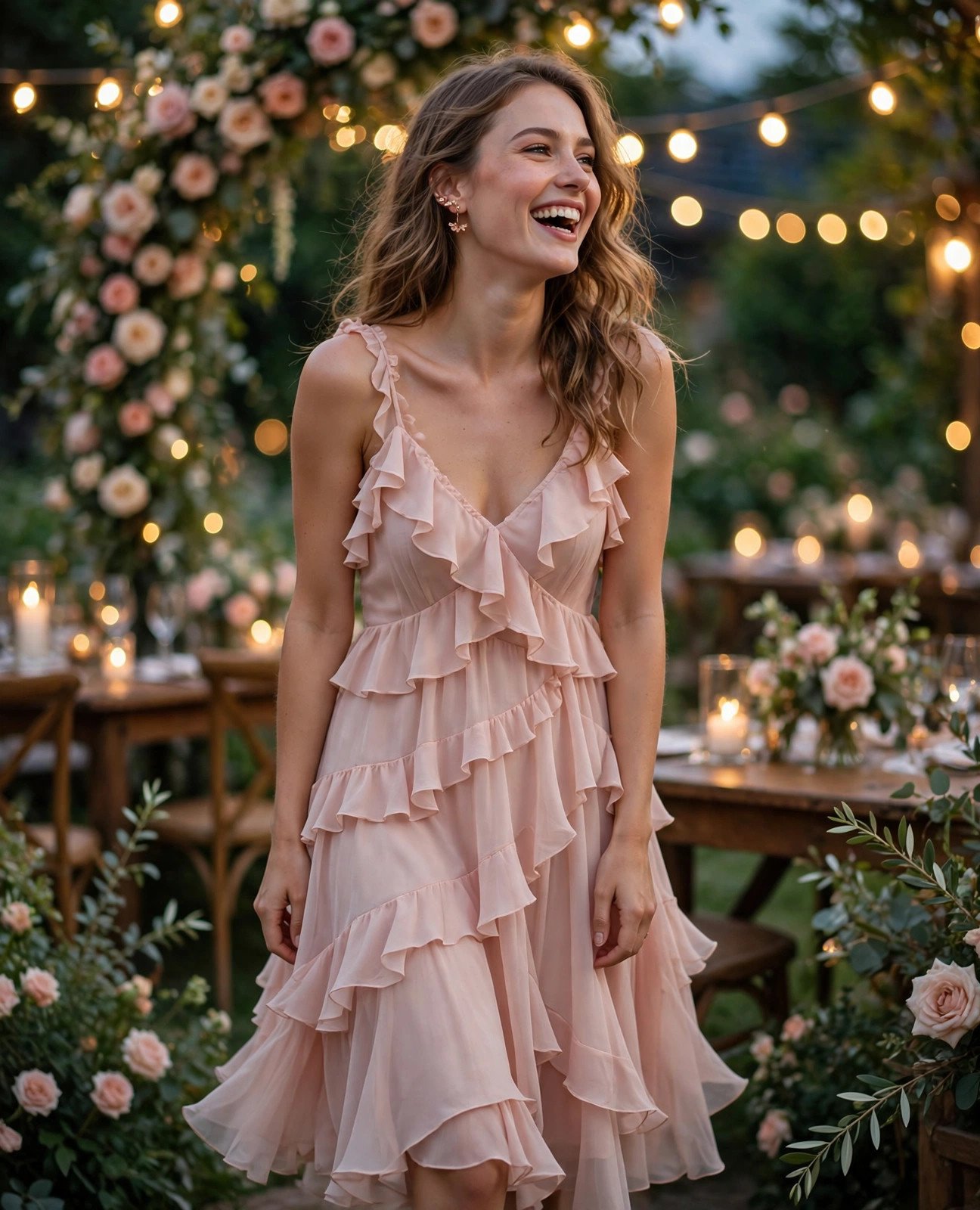 Woman laughing in a blush pink tiered chiffon midi dress at a garden wedding reception