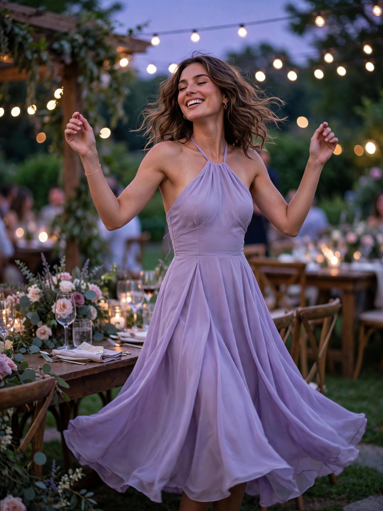 Woman dancing in a lavender halter neck midi dress at an outdoor wedding reception under string lights