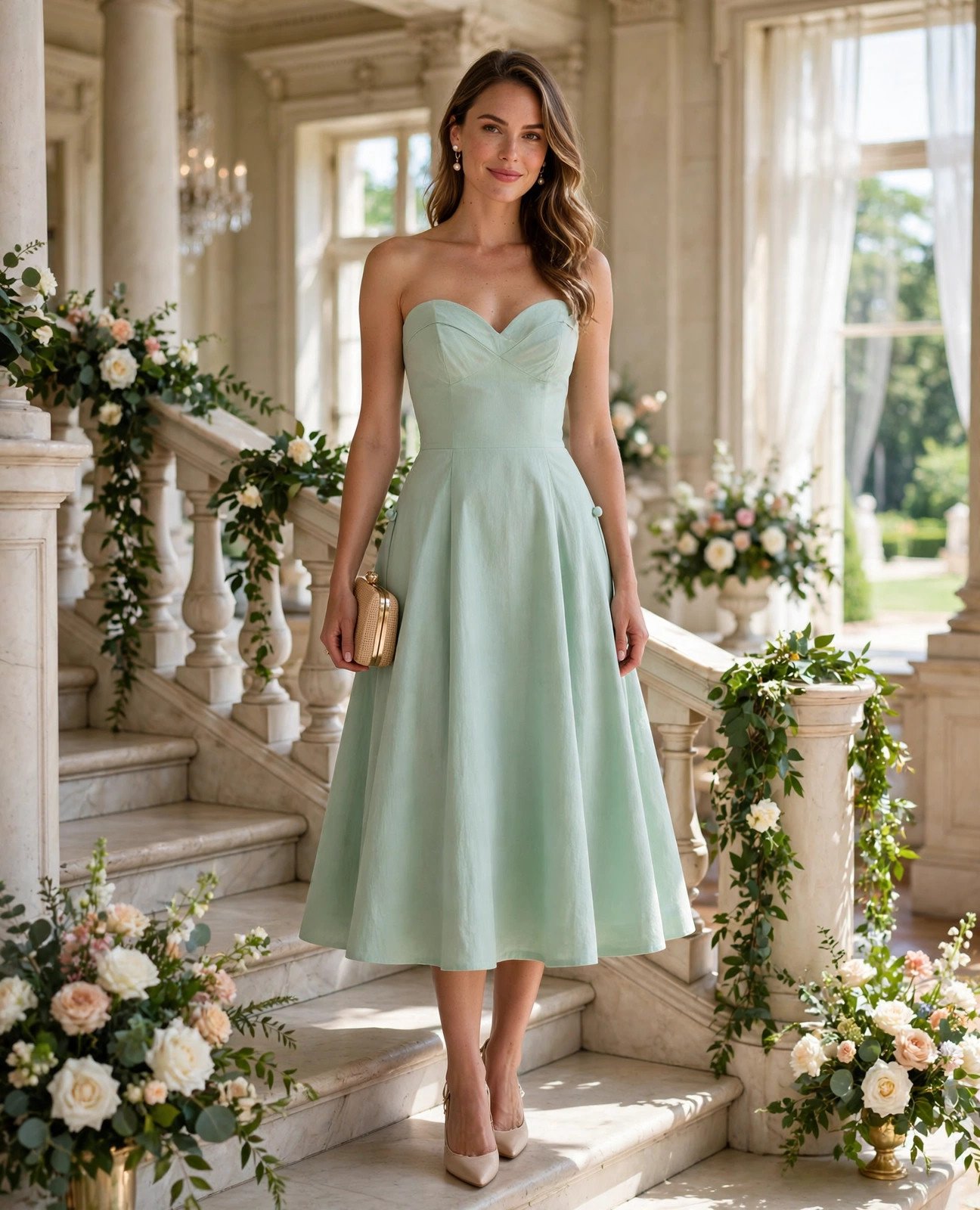 Woman in a mint green fit-and-flare cocktail midi dress with sweetheart neckline on a mansion staircase