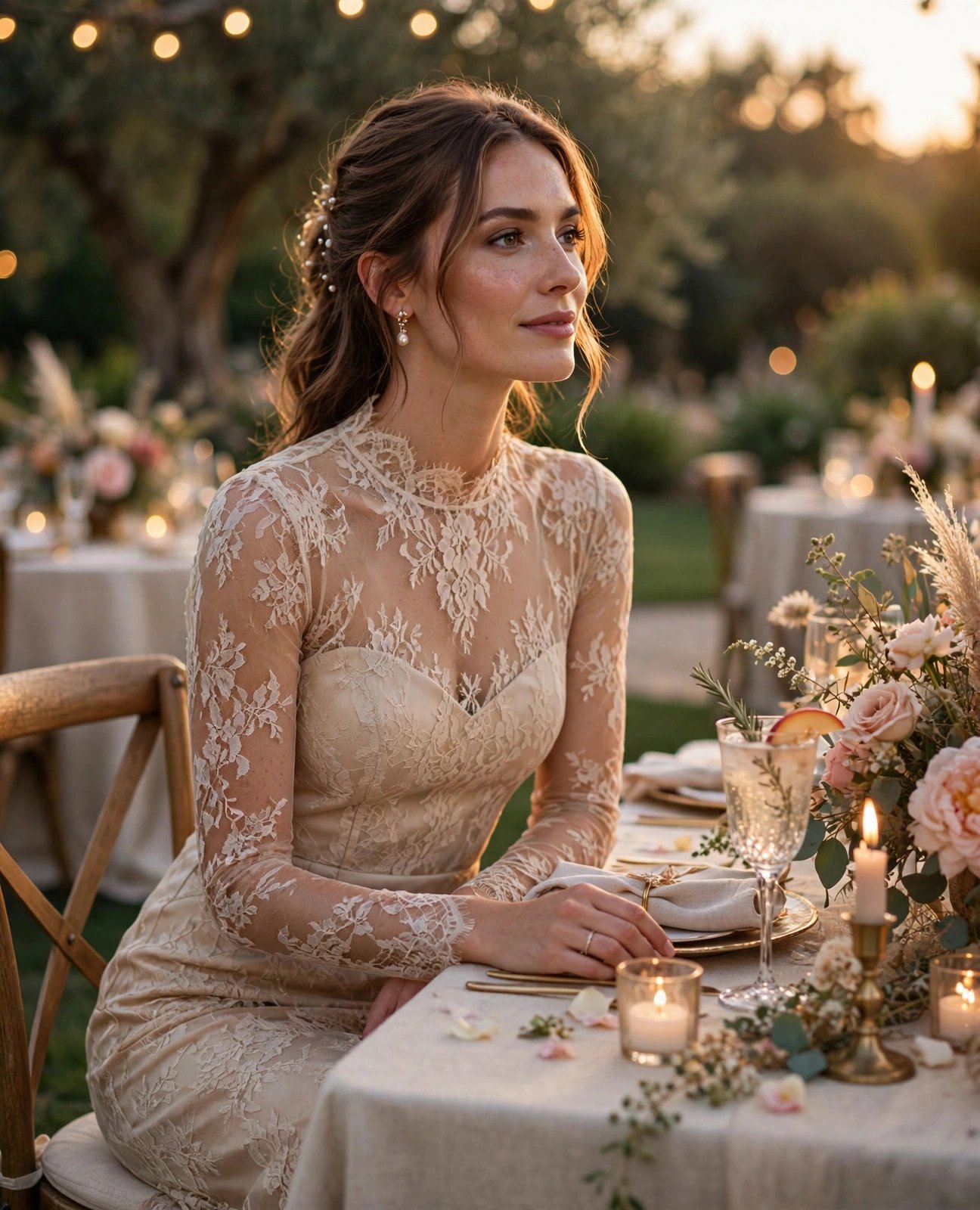 Woman in a champagne lace overlay midi cocktail dress at an elegant outdoor wedding dinner table