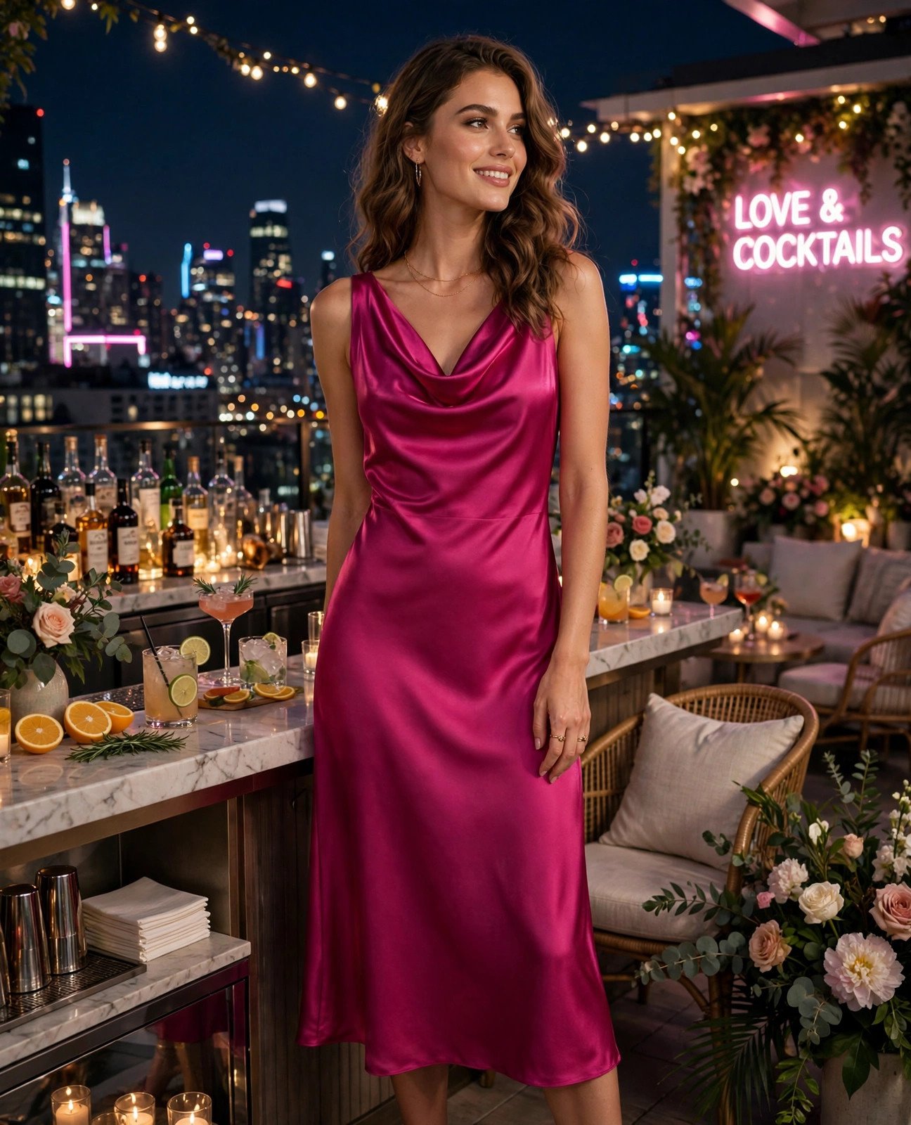 Woman in a fuchsia satin cowl-neck midi dress at a city rooftop wedding lounge at night