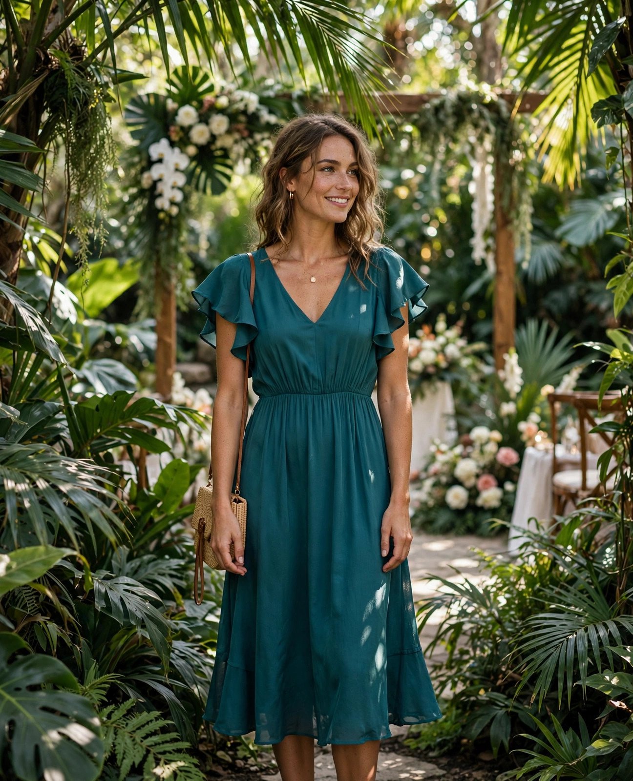 Woman in a teal flutter-sleeve midi dress among tropical plants at a botanical garden wedding