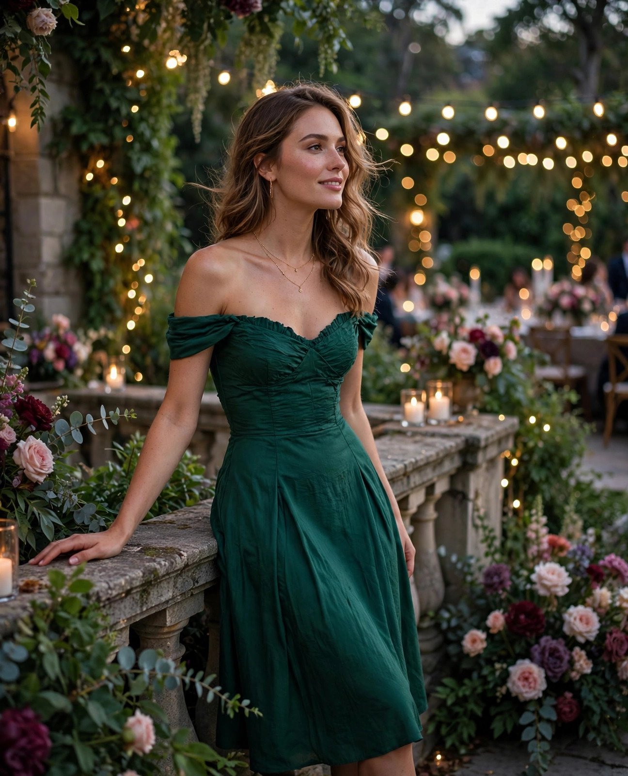 Woman in an emerald green off-the-shoulder midi dress on a balcony at an evening garden wedding