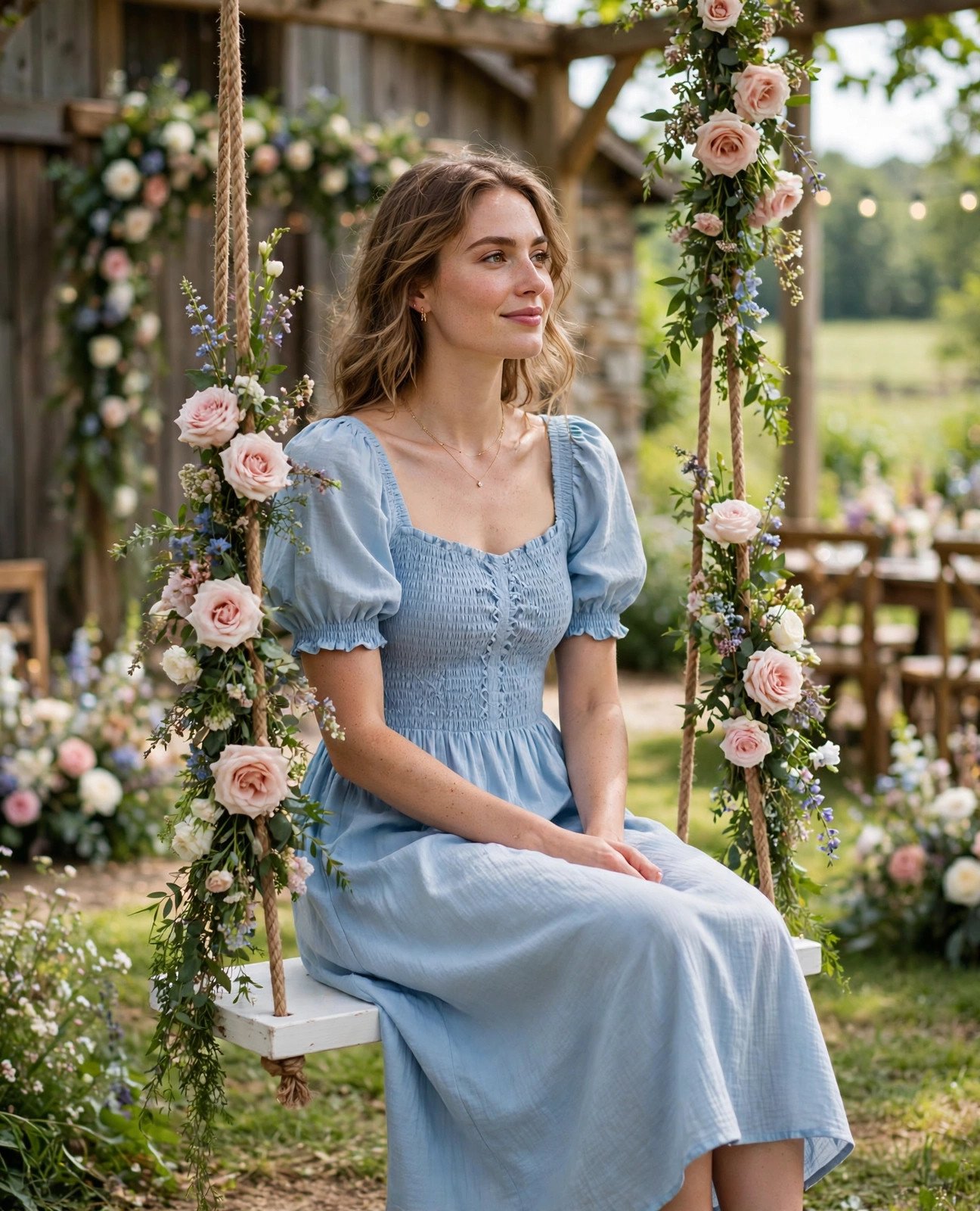 Woman in a powder blue smocked bodice midi dress with puff sleeves on a flower-decorated swing at a countryside wedding