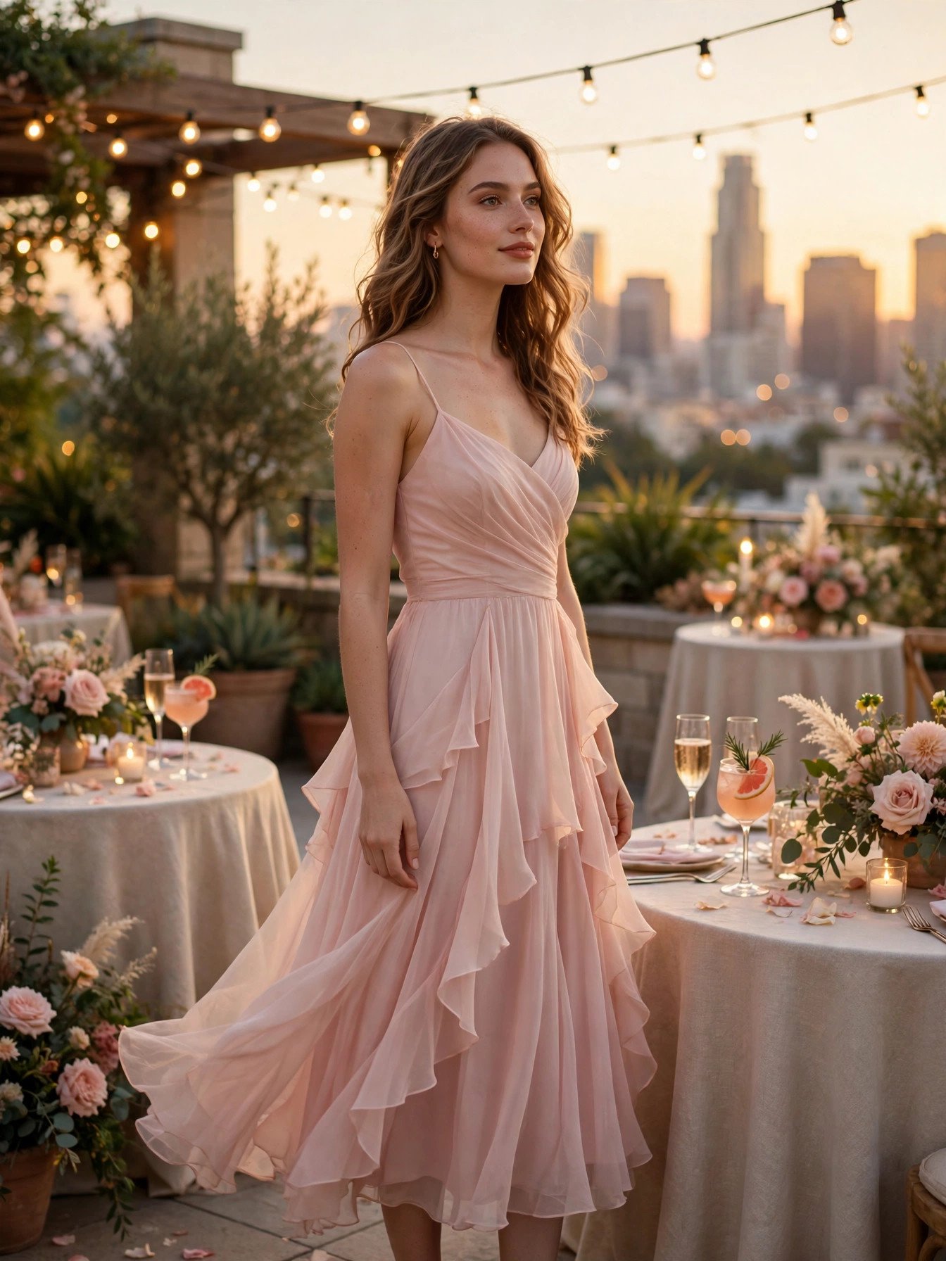 Woman in a blush pink chiffon midi cocktail dress on a rooftop wedding terrace at golden hour