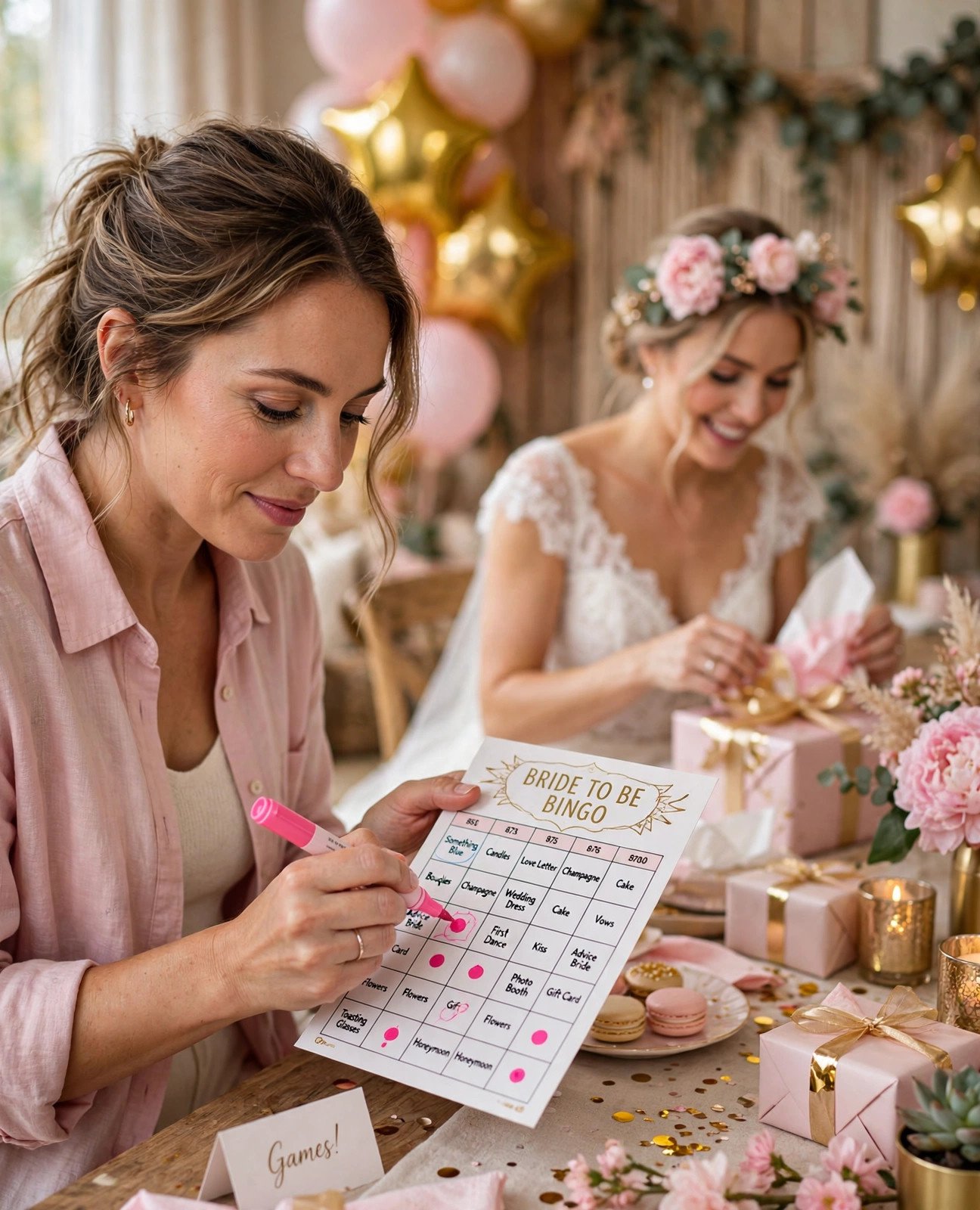 Bridal shower guest marking a bingo card while the bride opens gifts
