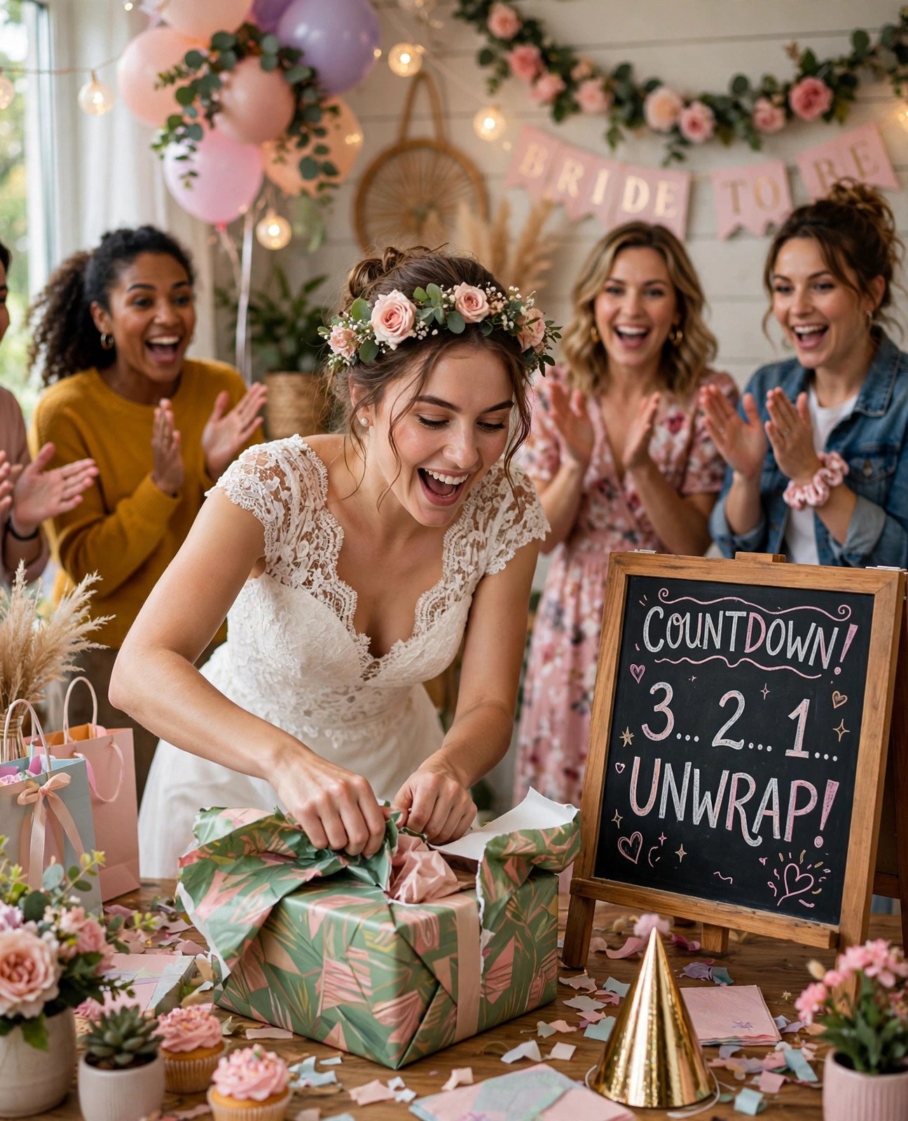 Bride racing to unwrap gifts against a countdown timer at a bridal shower
