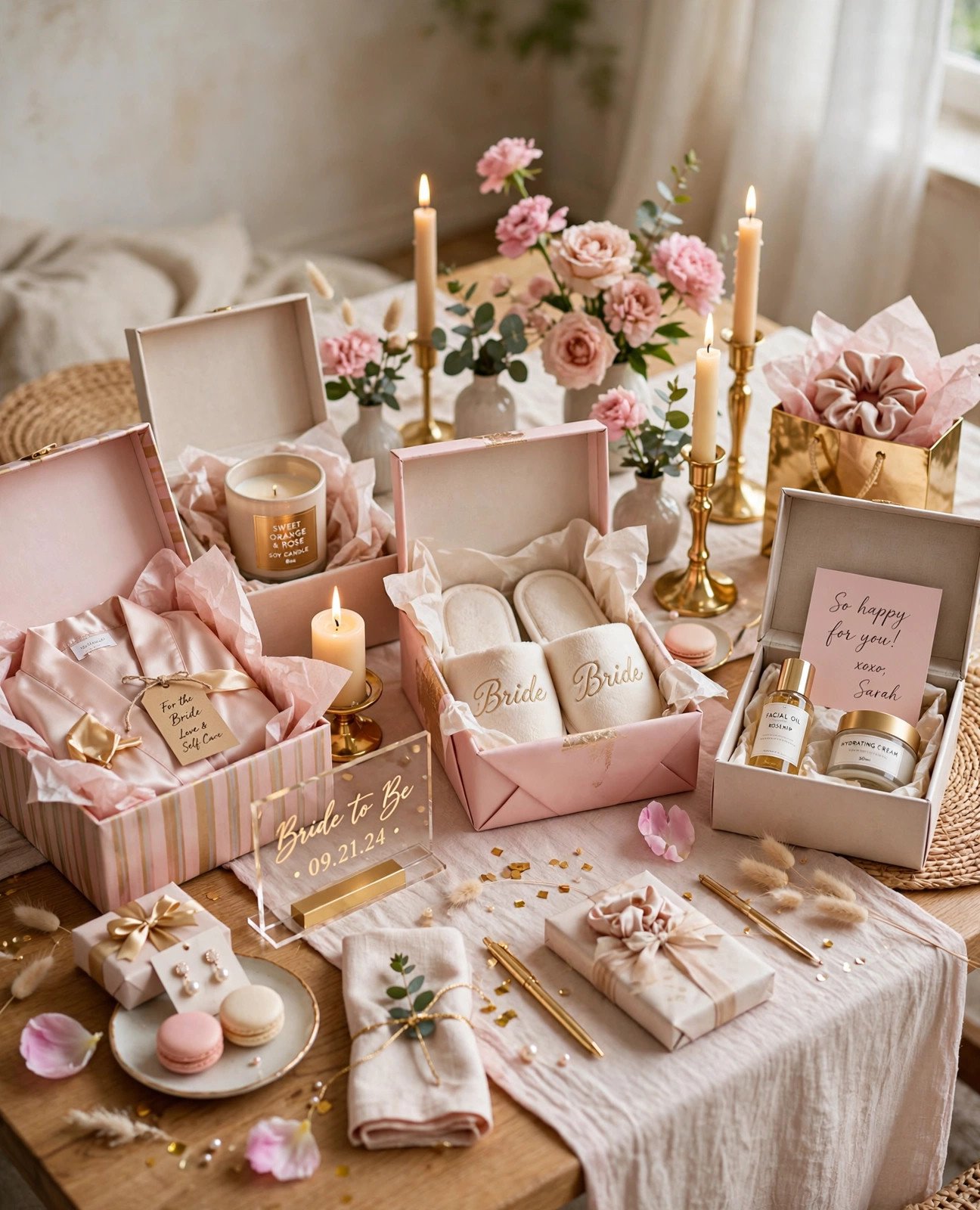 Elegantly styled display table with opened bridal shower gifts, flowers and candles