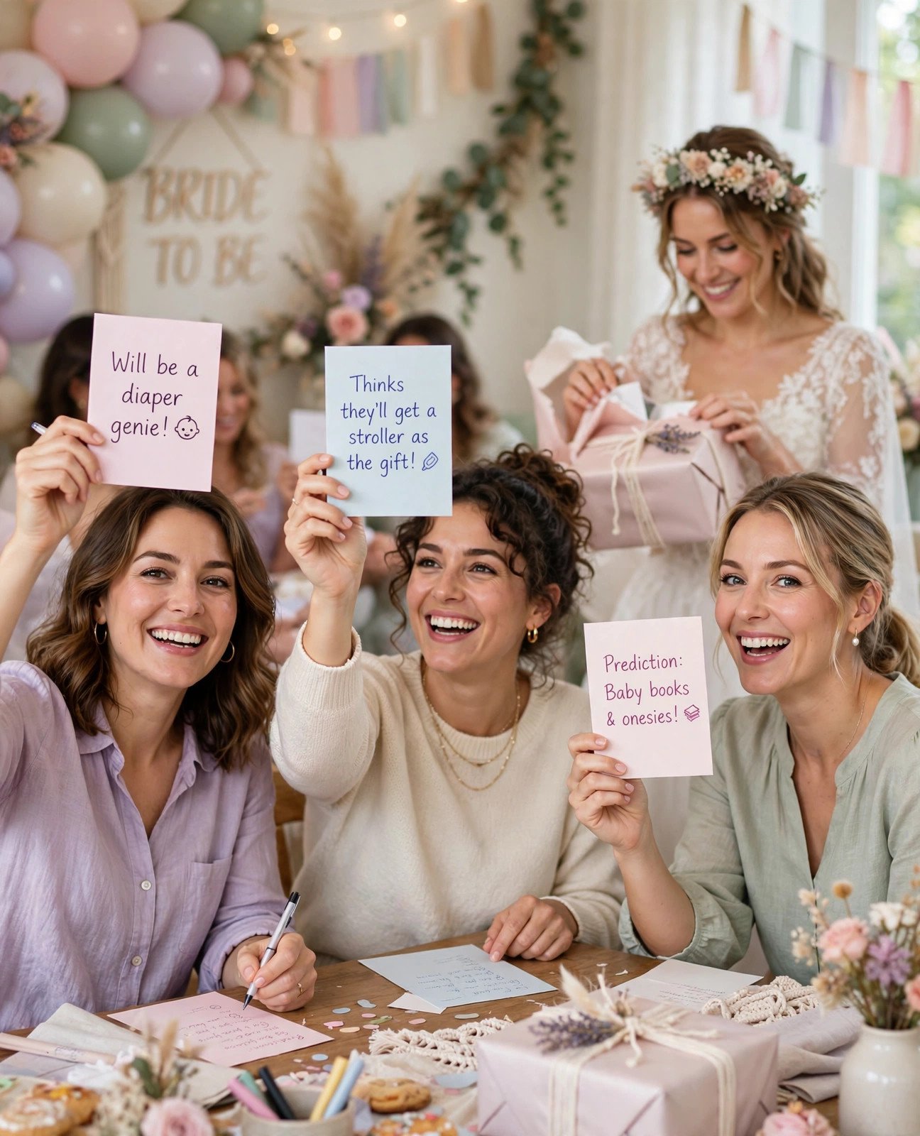 Bridal shower guests holding up gift prediction cards during gift opening
