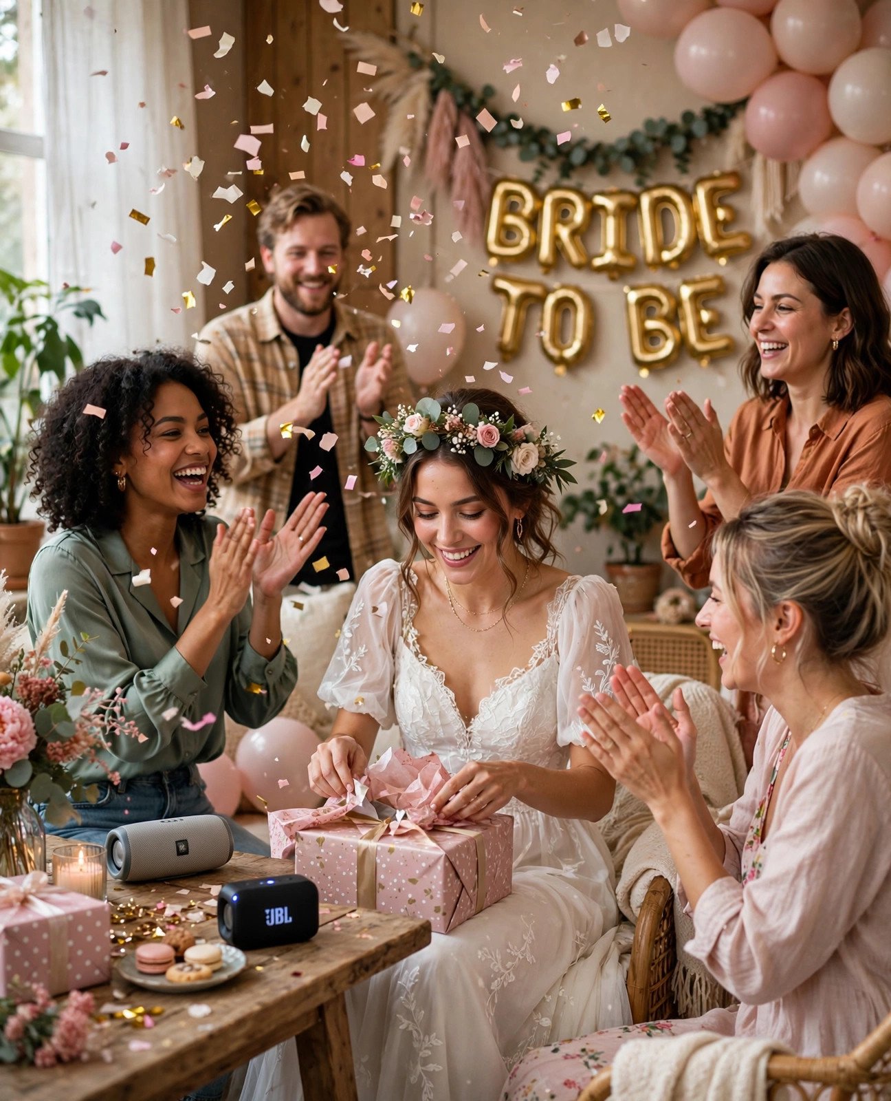 Bridal shower guests dancing and clapping to music during gift opening