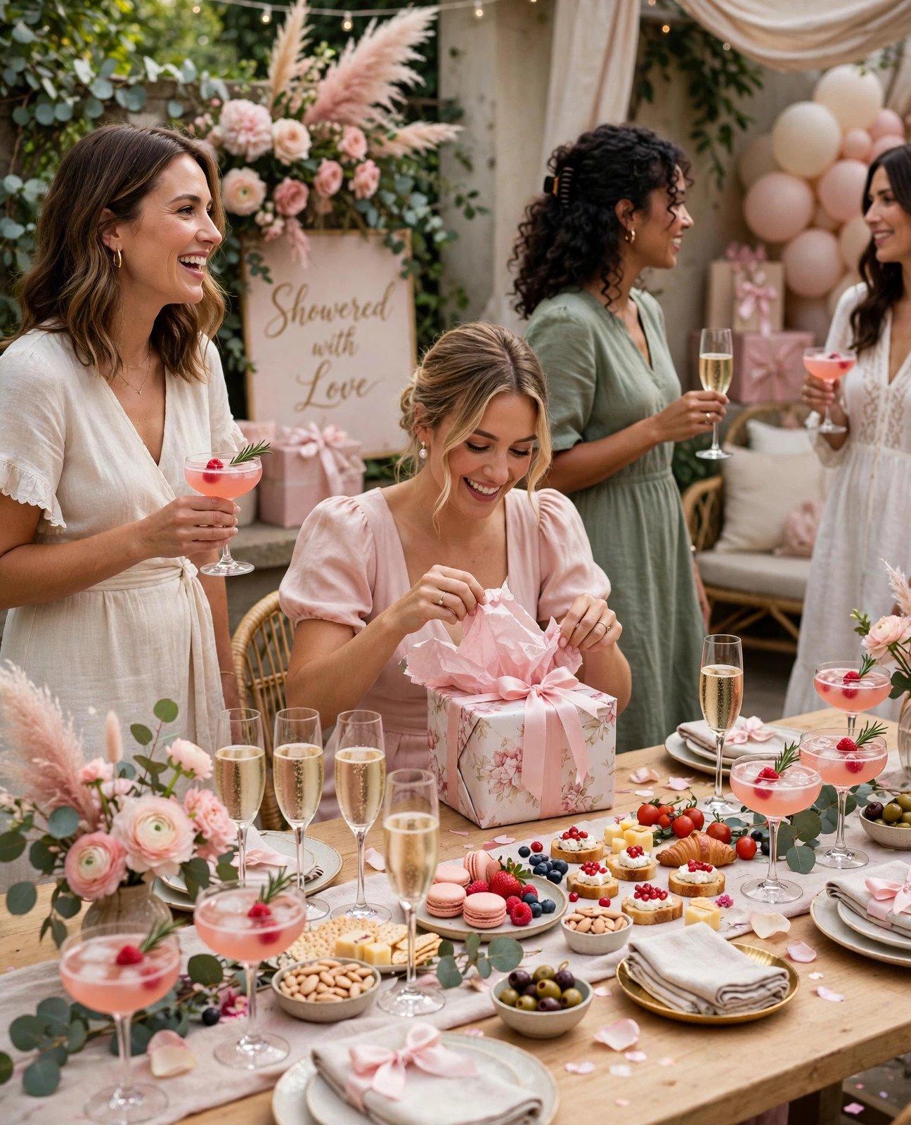 Elegant bridal shower drinks bar with pink cocktails and champagne flutes