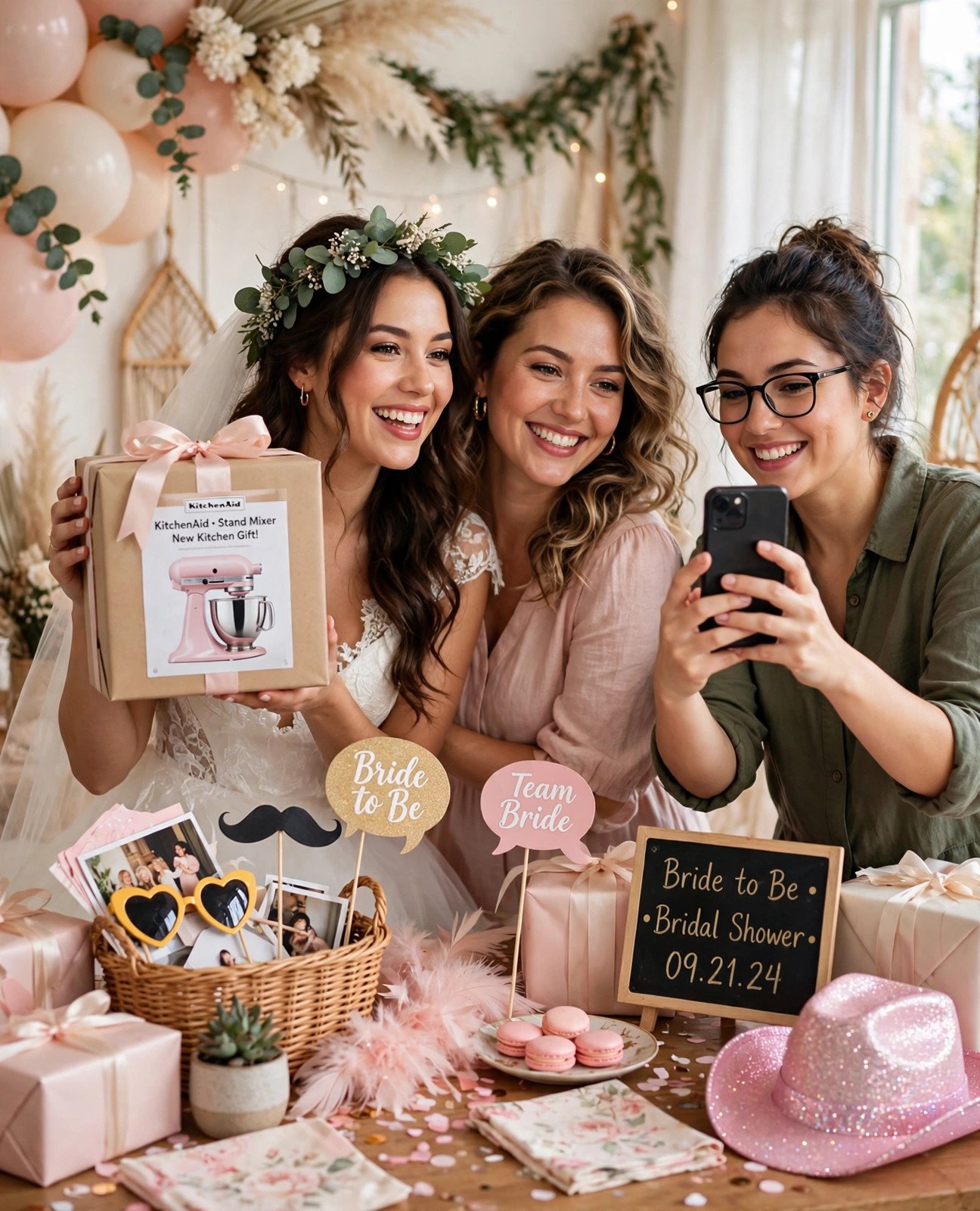 Bride holding up a new gift for a photo while a guest snaps a picture at the bridal shower