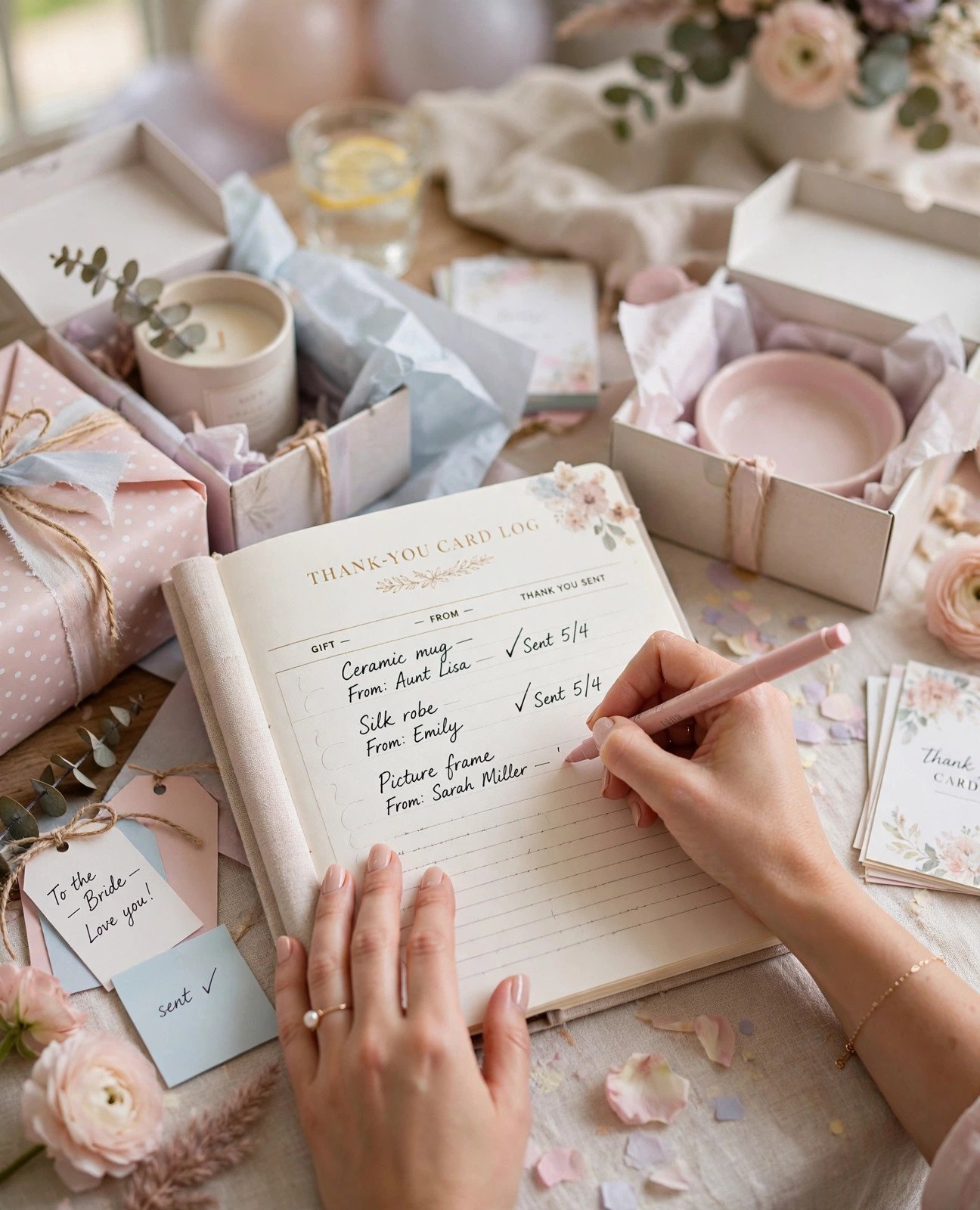 Helper's hands recording bridal shower gifts in a thank-you note log