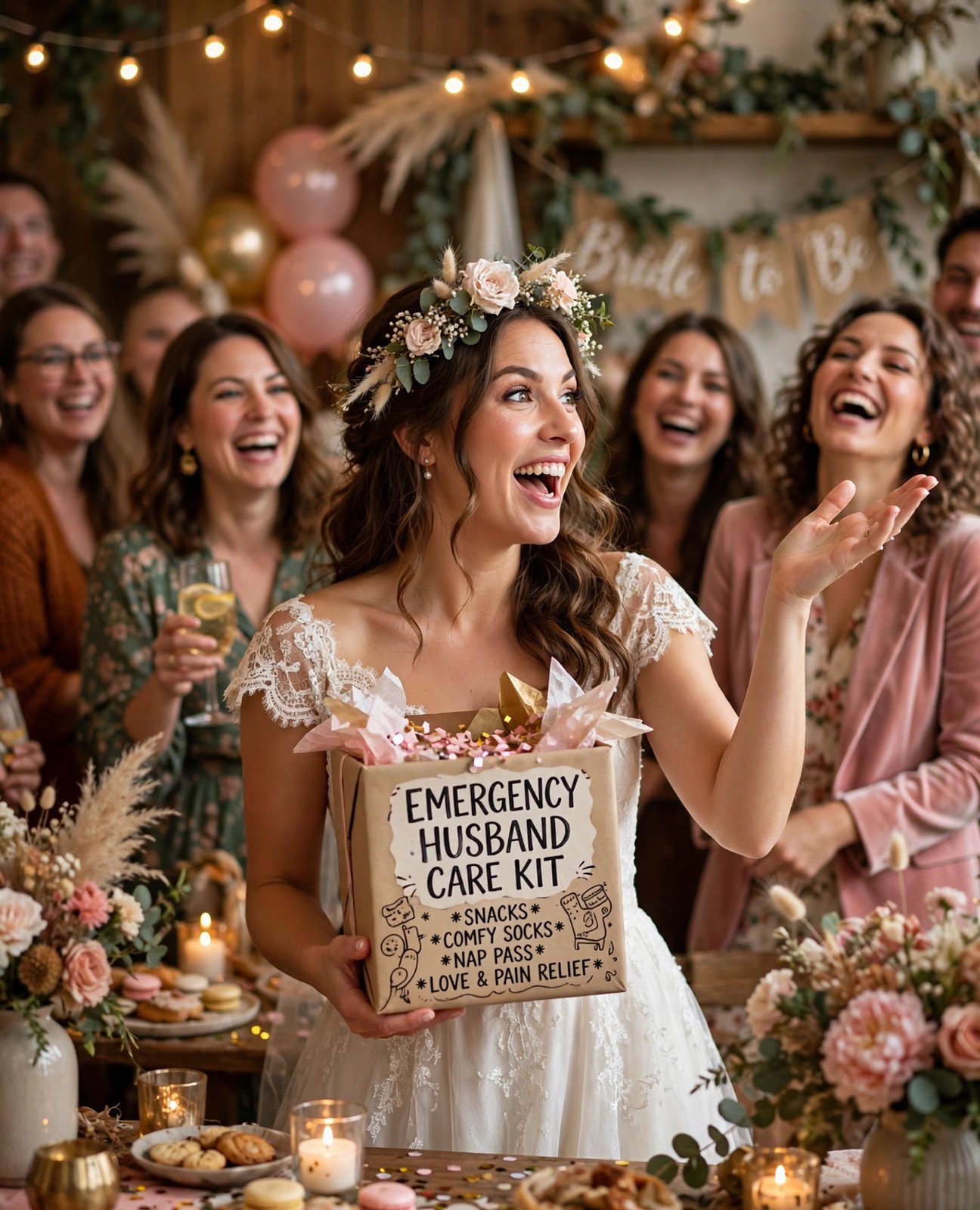 Bride telling a story about a gift at the bridal shower while guests laugh