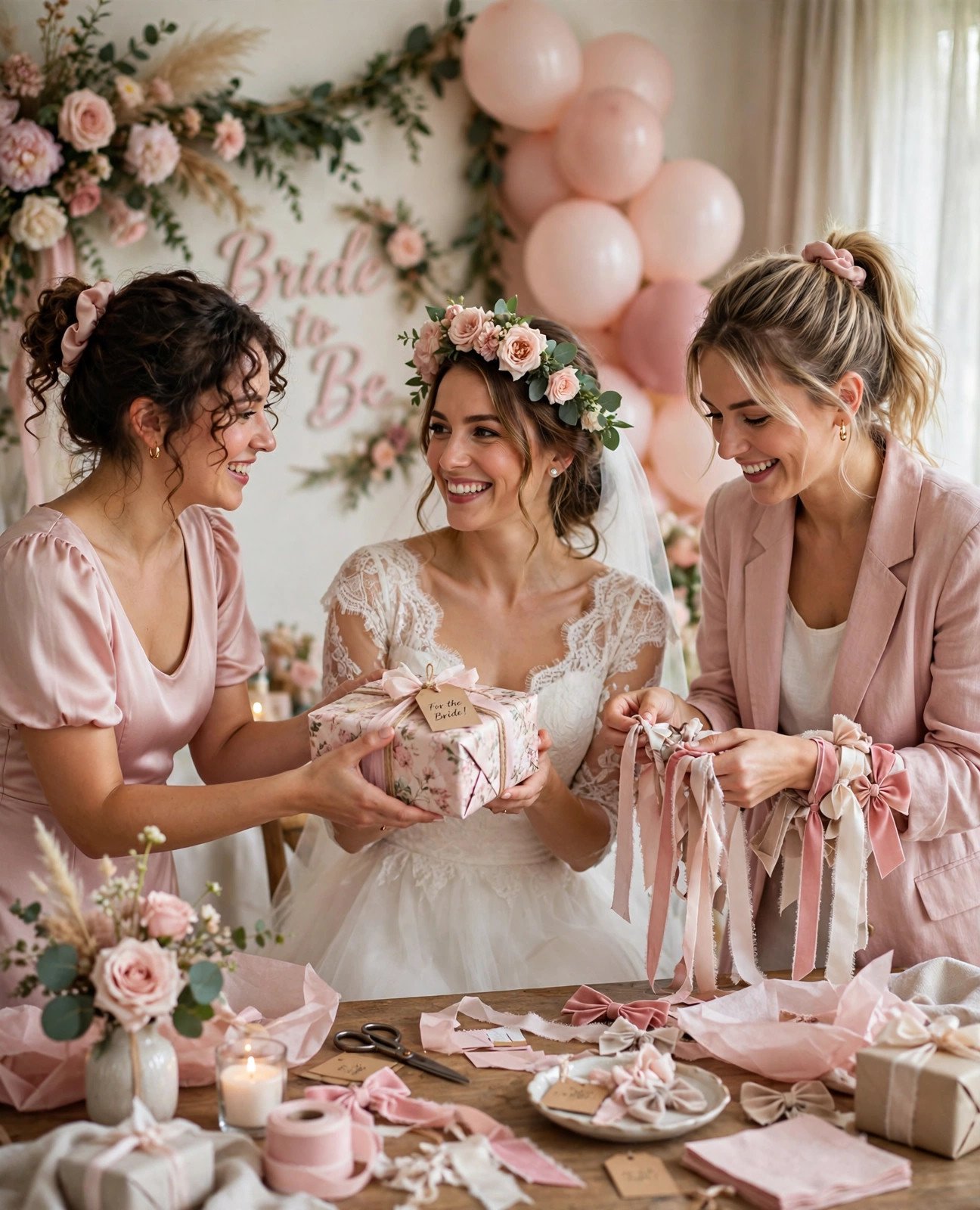 Two bridesmaids helping pass gifts and collect ribbons at a bridal shower