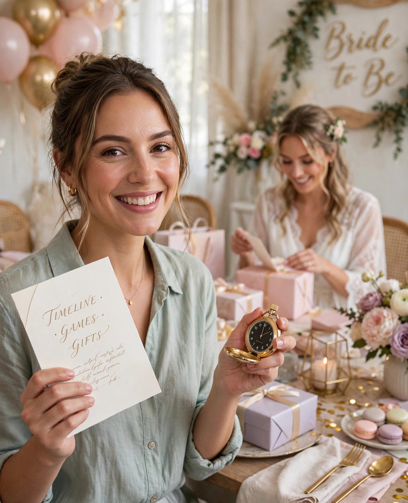Smiling host holding a script card and stopwatch at a decorated bridal shower