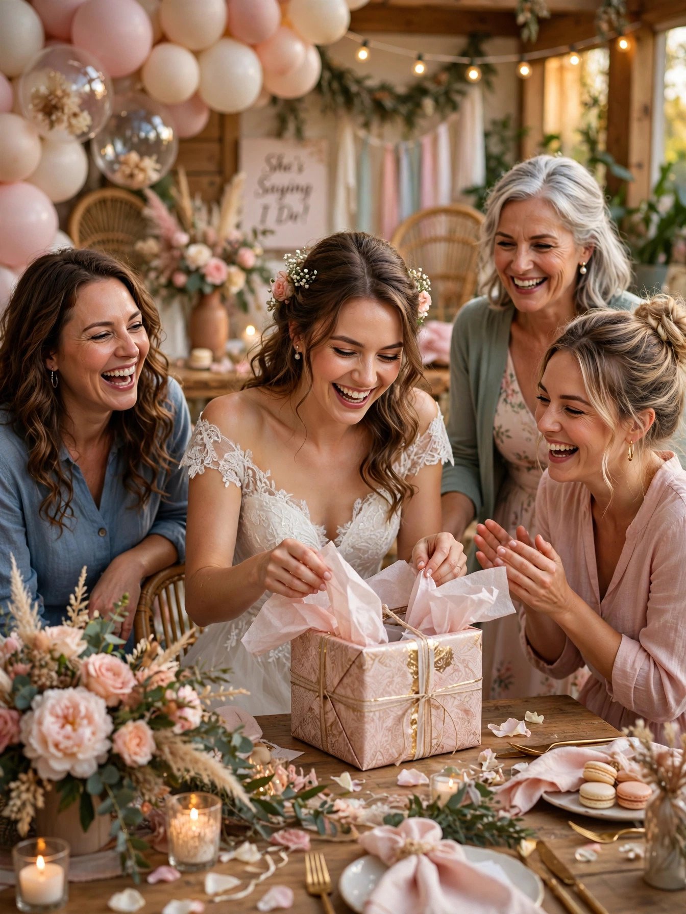 Bride laughing as she opens a gift at a lively bridal shower with cheering guests