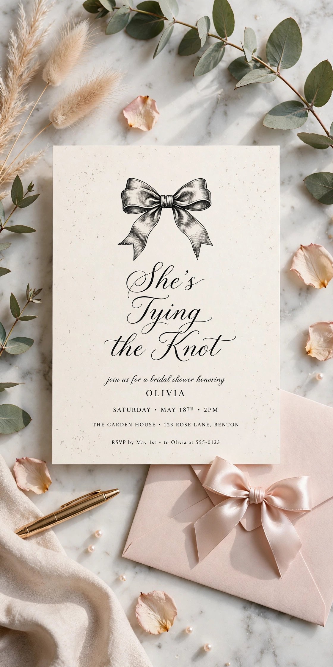 Elegant bow-themed bridal shower invitation with ribbon bow illustration and She's Tying the Knot calligraphy