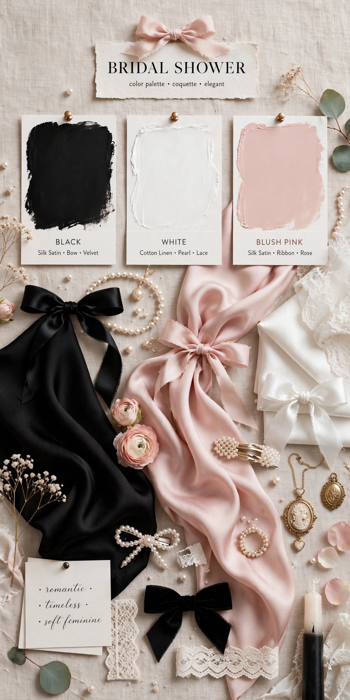 Bow bridal shower color palette mood board with black, white and blush pink swatches, silk ribbons and satin bows