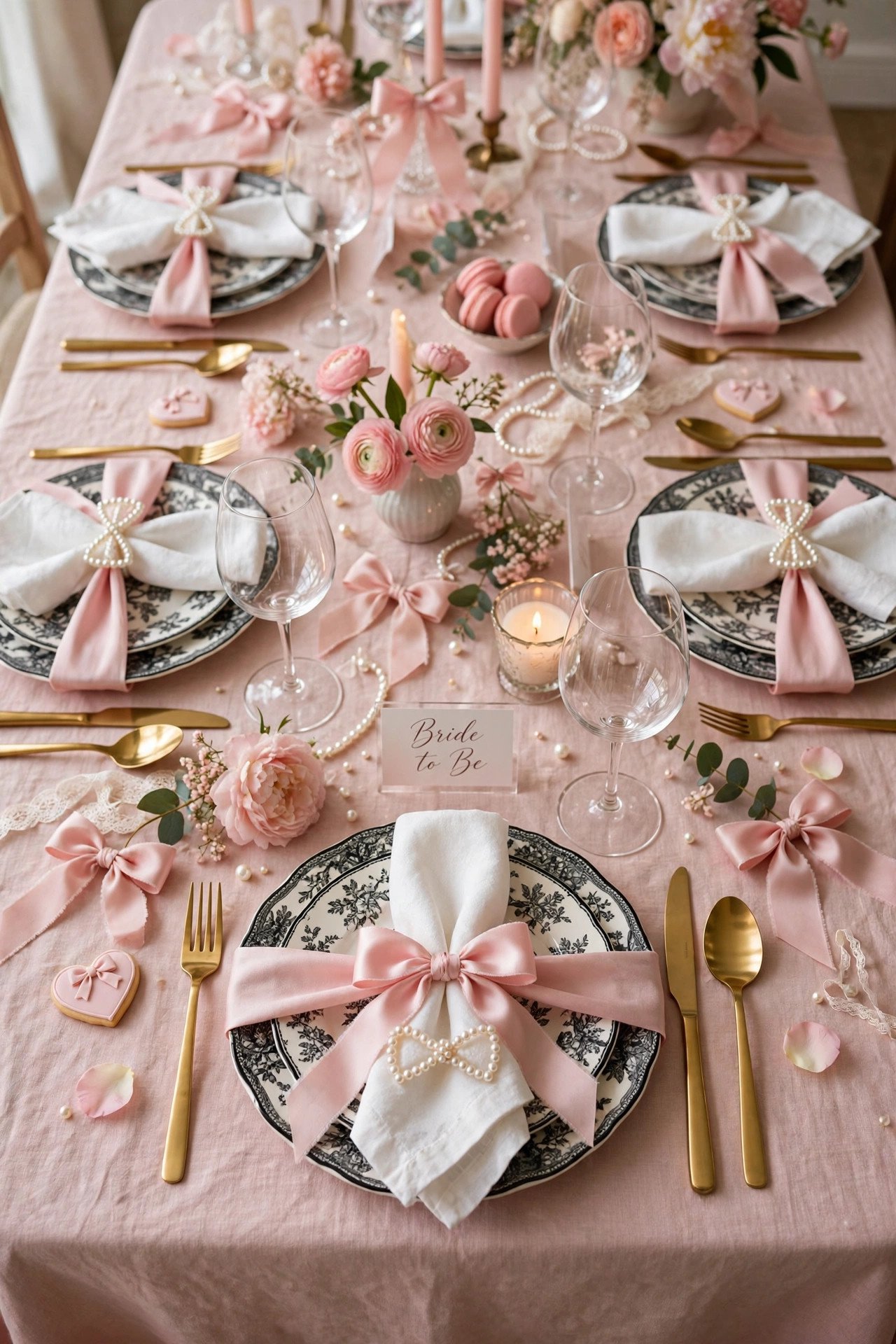 Elegant bridal shower table settings with bow napkin rings and pink satin bows on black and white plates