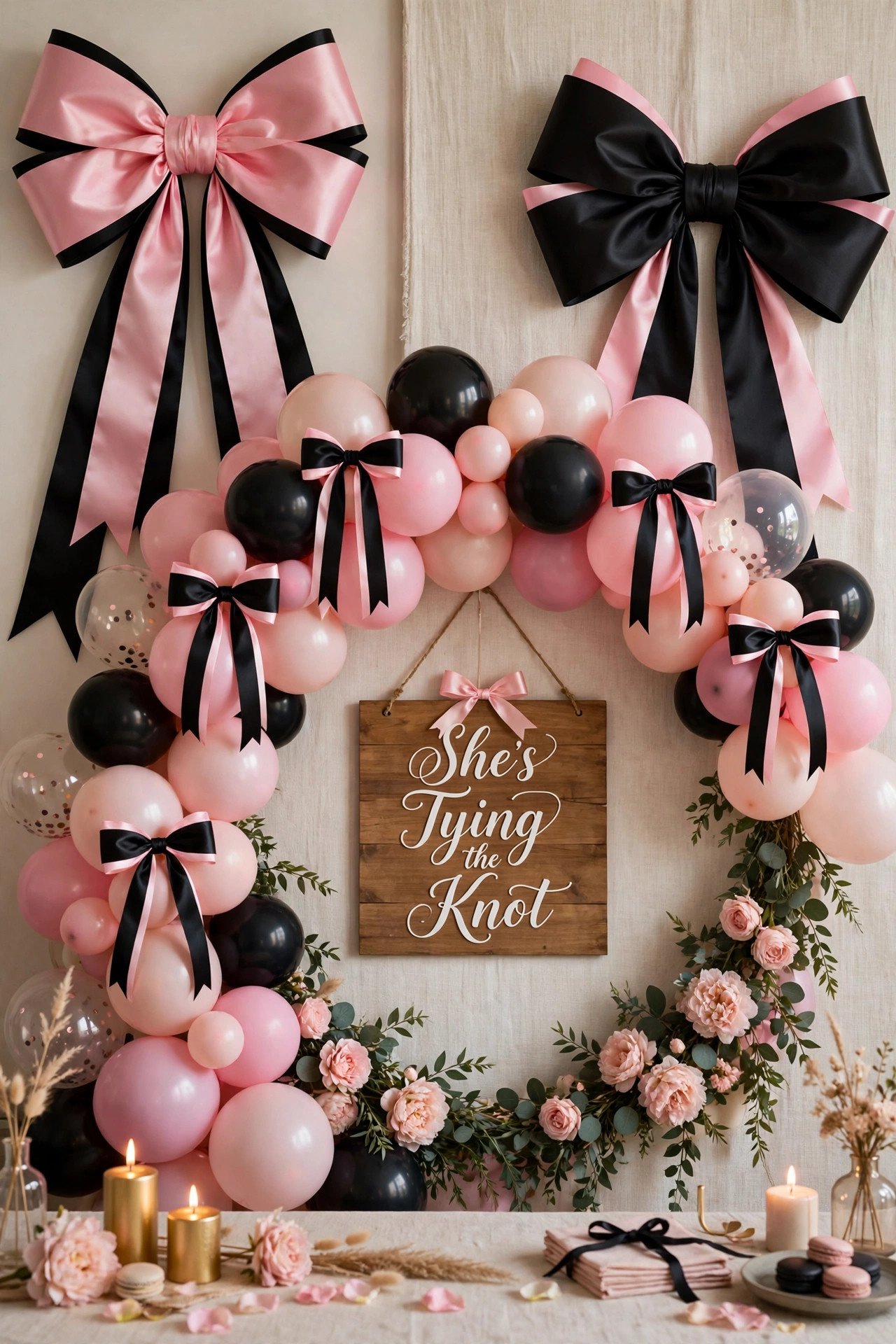 Bow-themed bridal shower photo backdrop with giant pink and black ribbon bows and She's Tying the Knot sign