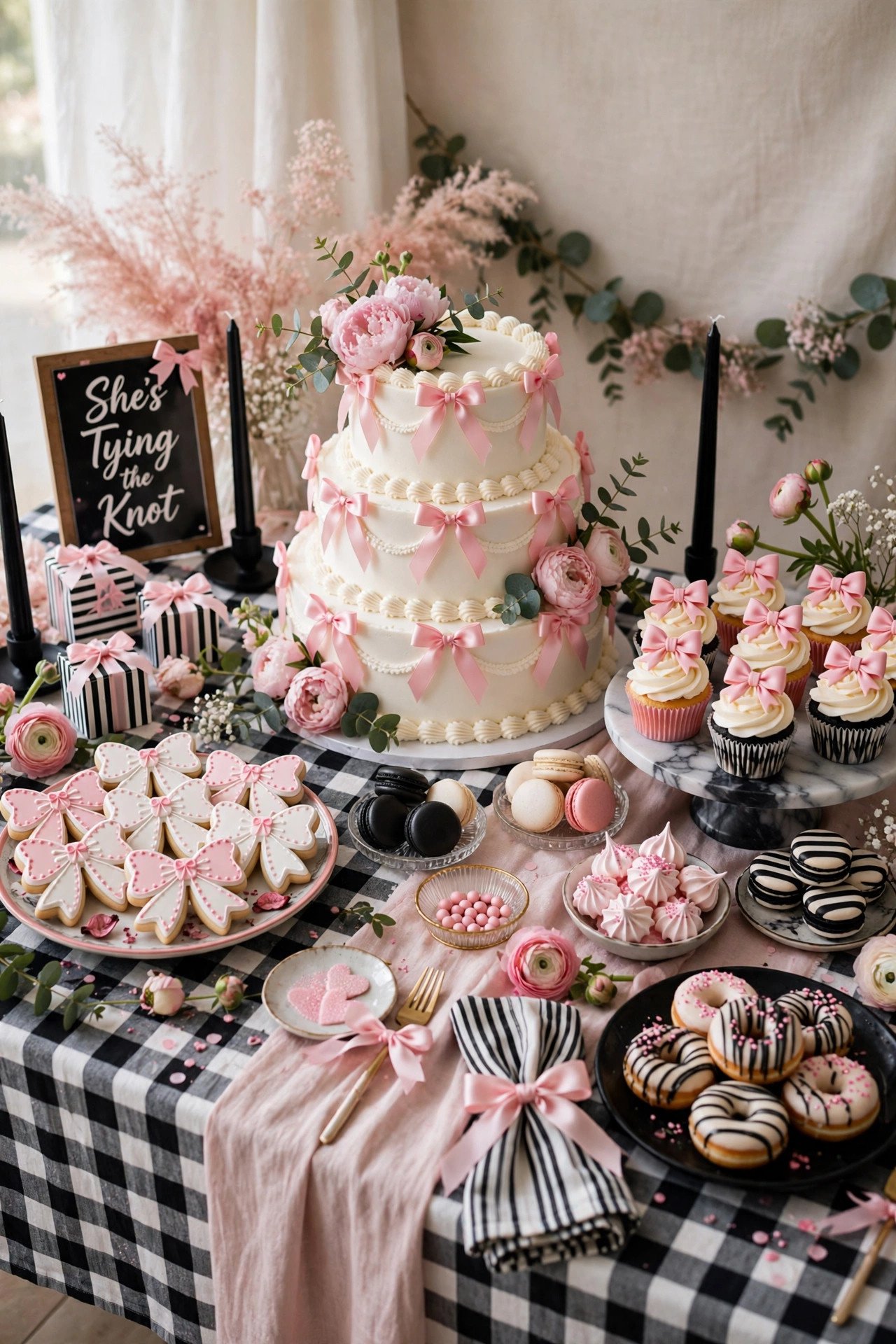 Bow-themed bridal shower dessert table with white cake decorated with pink ribbon bows and bow-shaped cookies