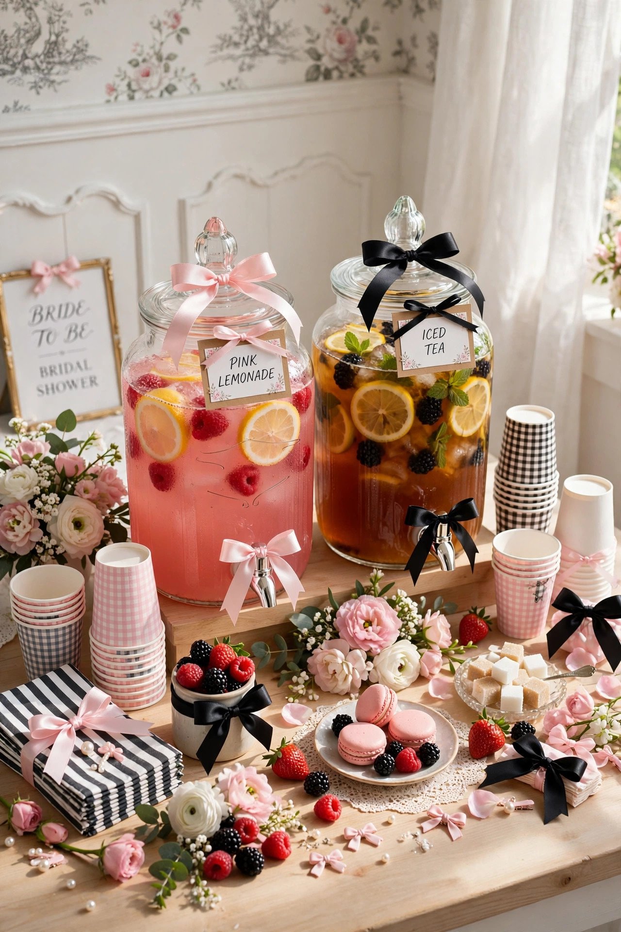 Bridal shower drink station with blush-pink sips in glasses tied with tiny satin bows and bow-adorned bottles