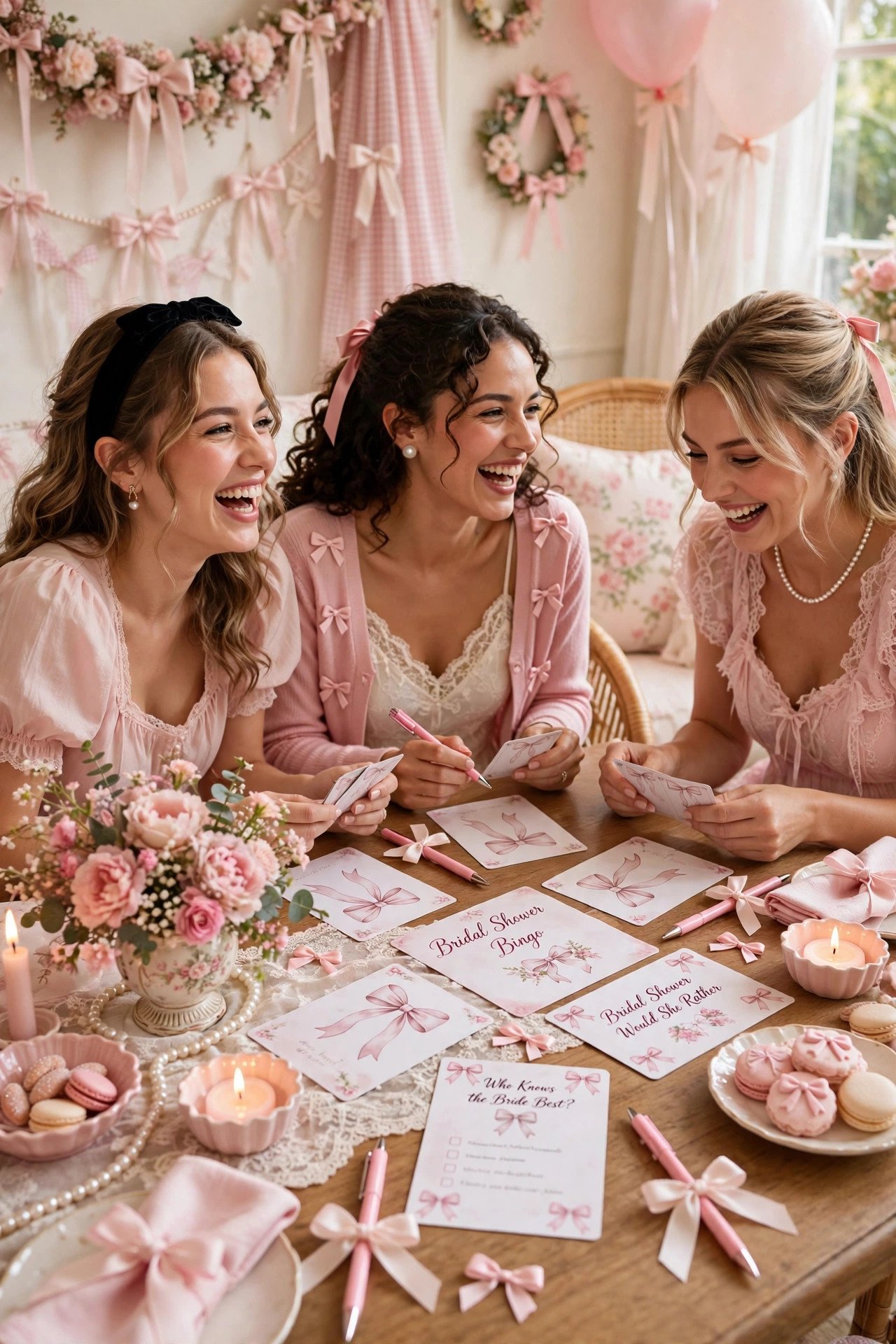 Bridal shower games with bow-printed game cards and pink pens tied with ribbon bows, guests playing and laughing