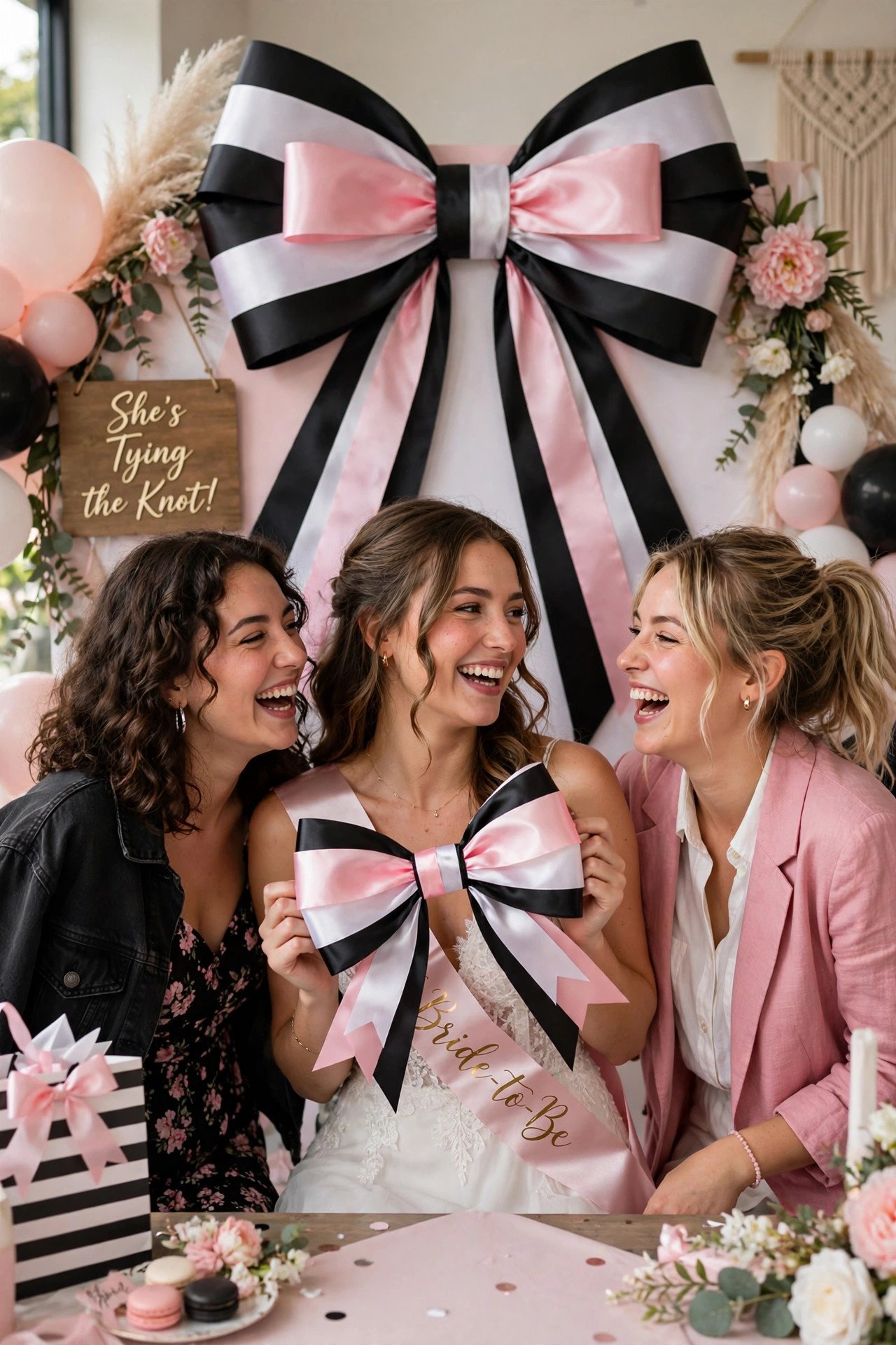 Bride-to-be posing at bow-themed bridal shower photo station with giant ribbon bow backdrop and friends