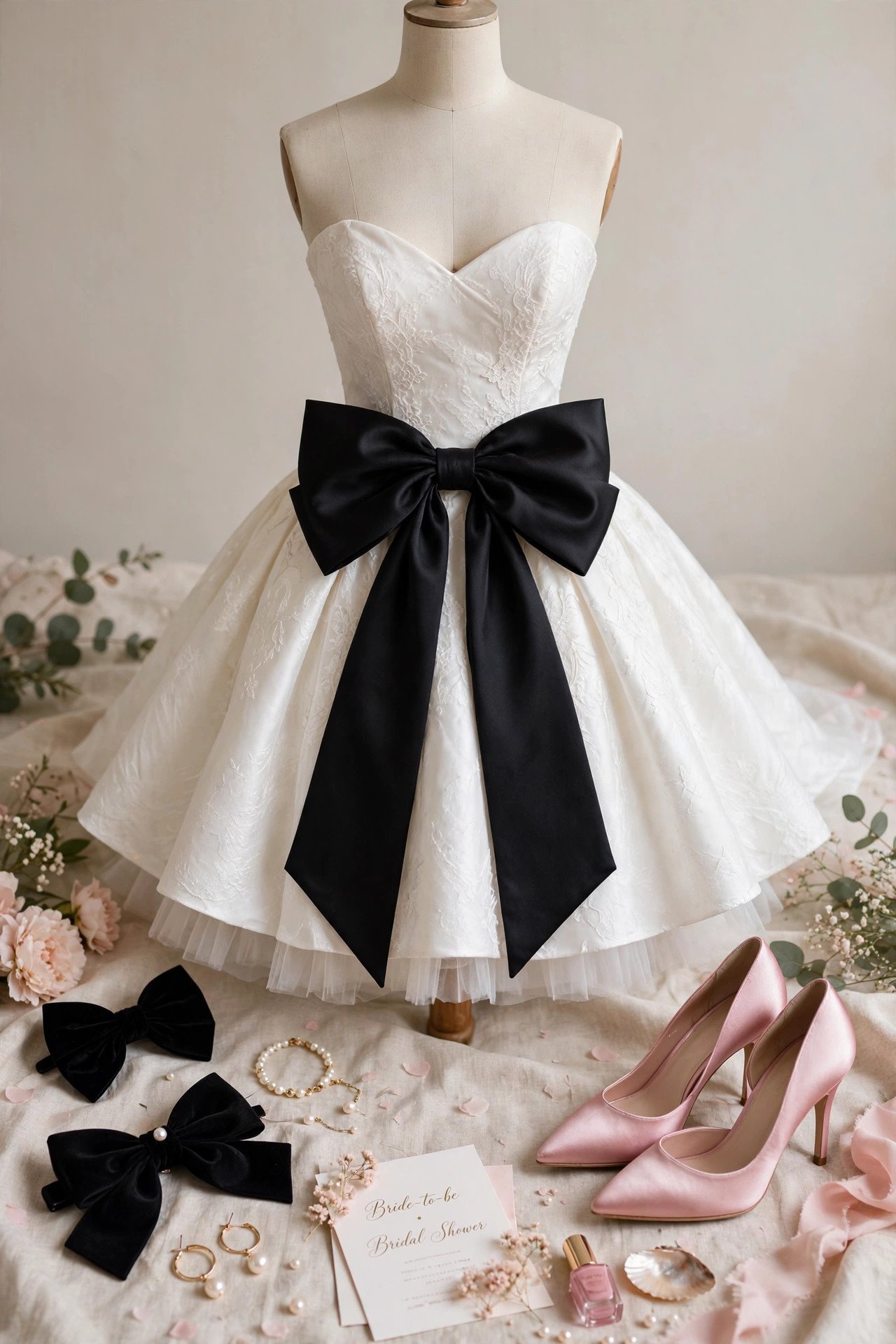 Bride-to-be outfit for bow-themed bridal shower: white dress with big black bow, pink heels and bow hair accessory
