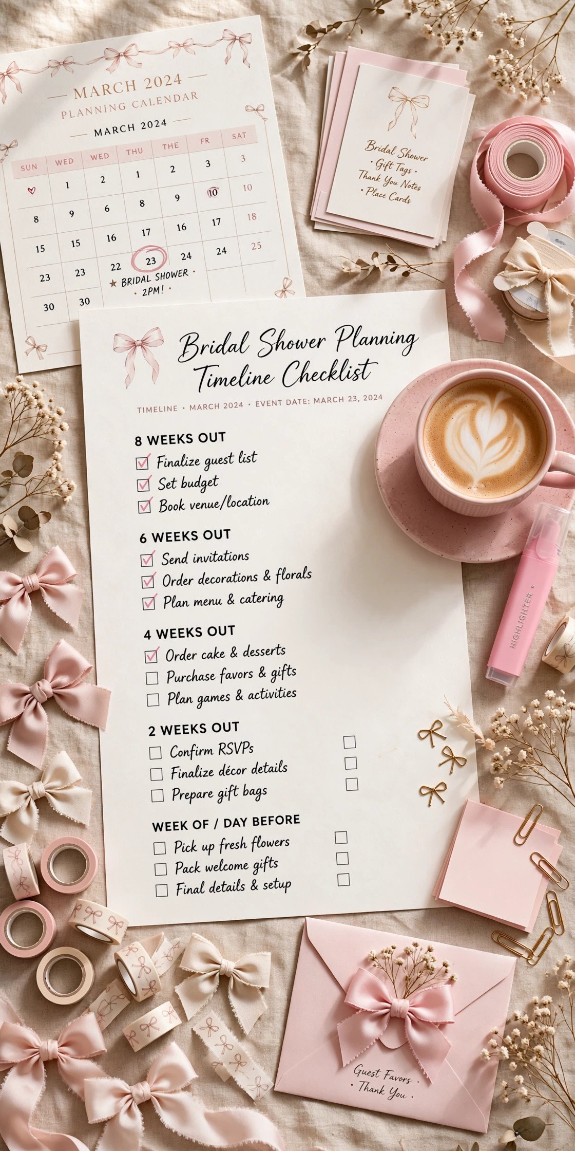 Bridal shower planning timeline checklist with bow stationery, ribbon and planning calendar on a desk