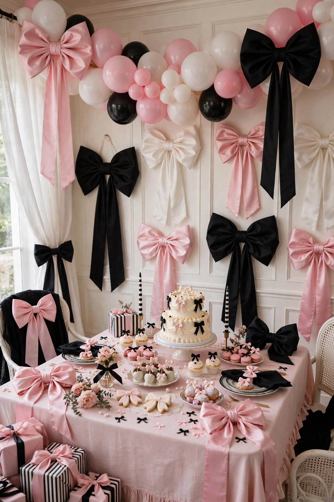 Chic bow-themed bridal shower with giant pink and black ribbon bows in a black, white and pink palette