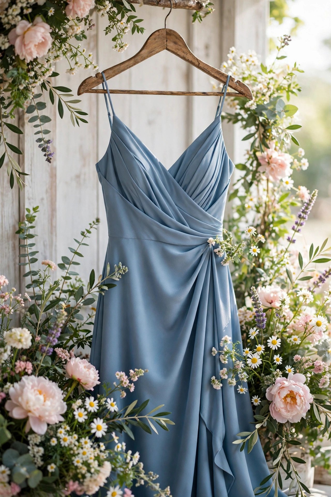 Elegant dusty blue bridesmaid dress on a hanger surrounded by summer flowers
