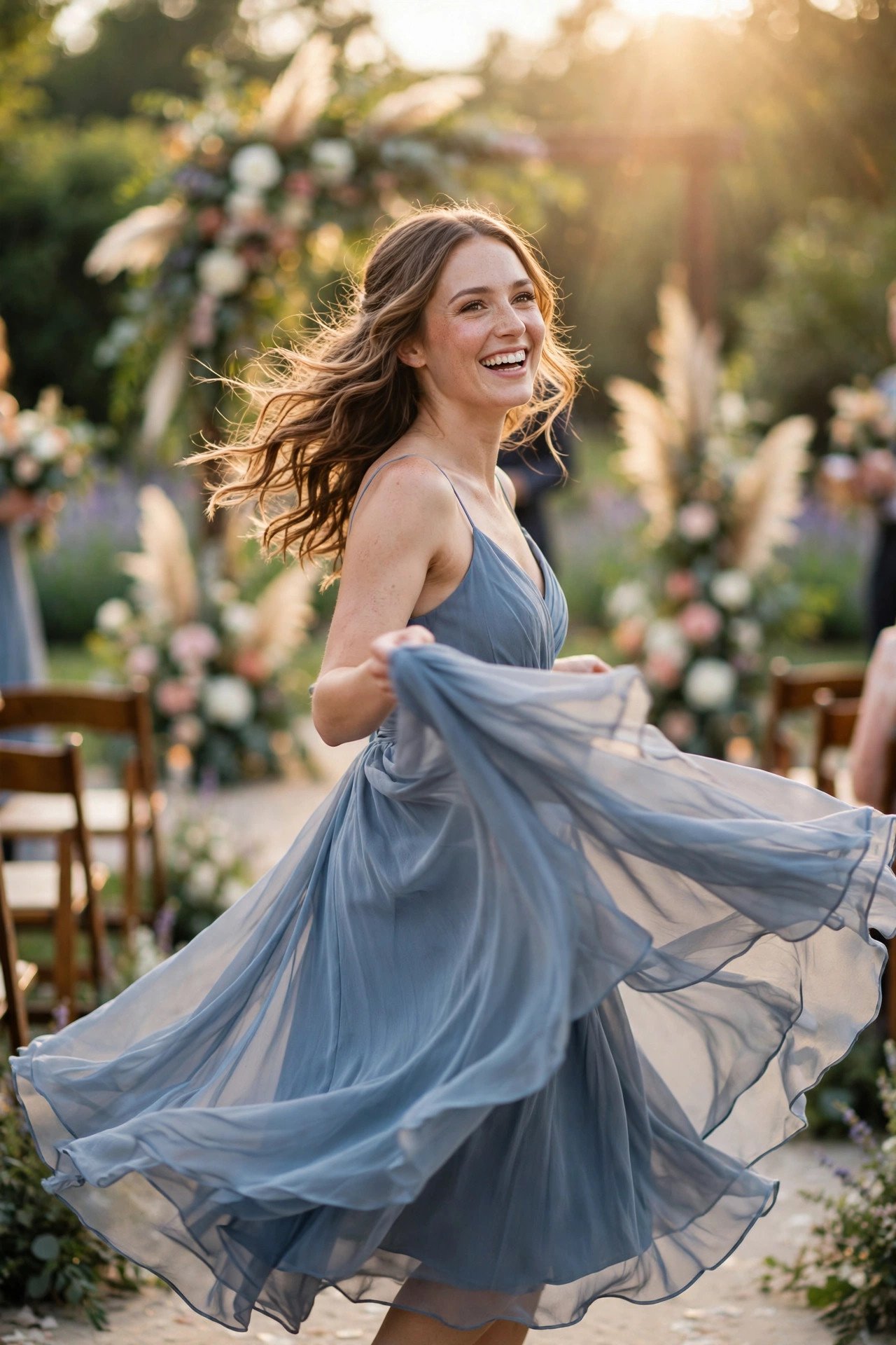 Bridesmaid twirling in a dusty blue chiffon midi dress at a summer wedding
