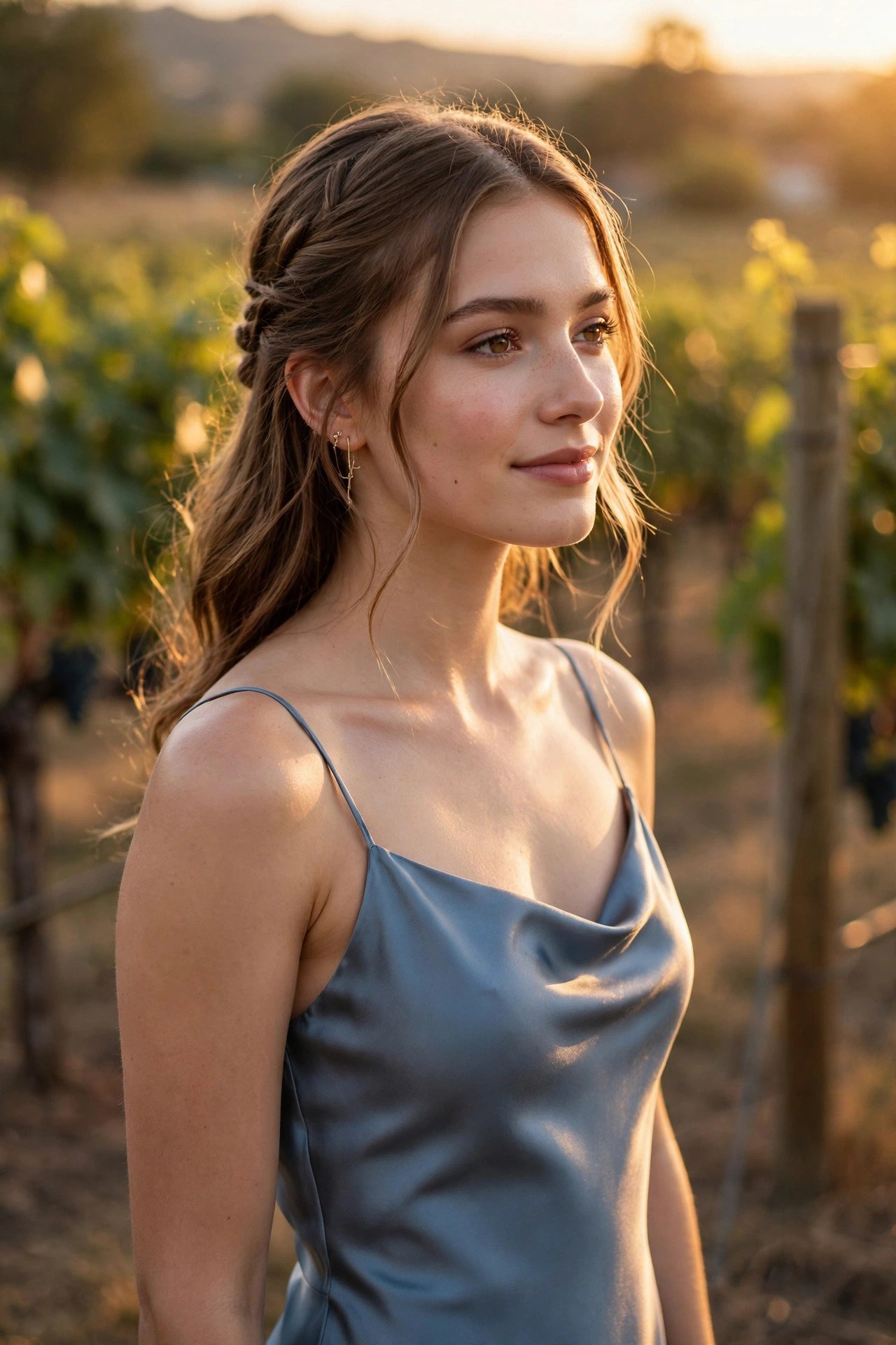 Bridesmaid in a dusty blue satin slip dress glowing in golden hour light
