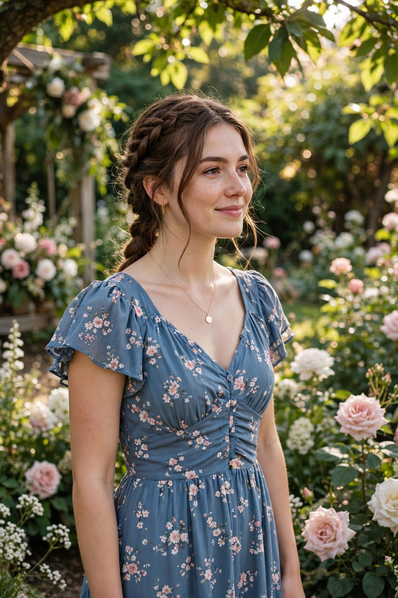 Bridesmaid in a floral dusty blue print dress in a blooming summer garden