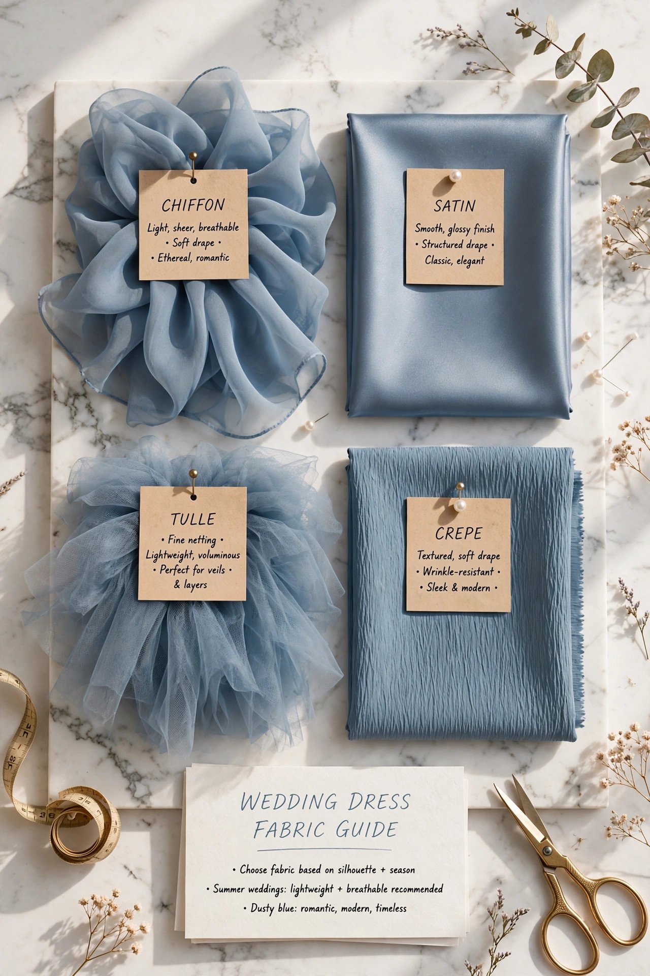 Flat lay of dusty blue fabric swatches in chiffon satin tulle and crepe
