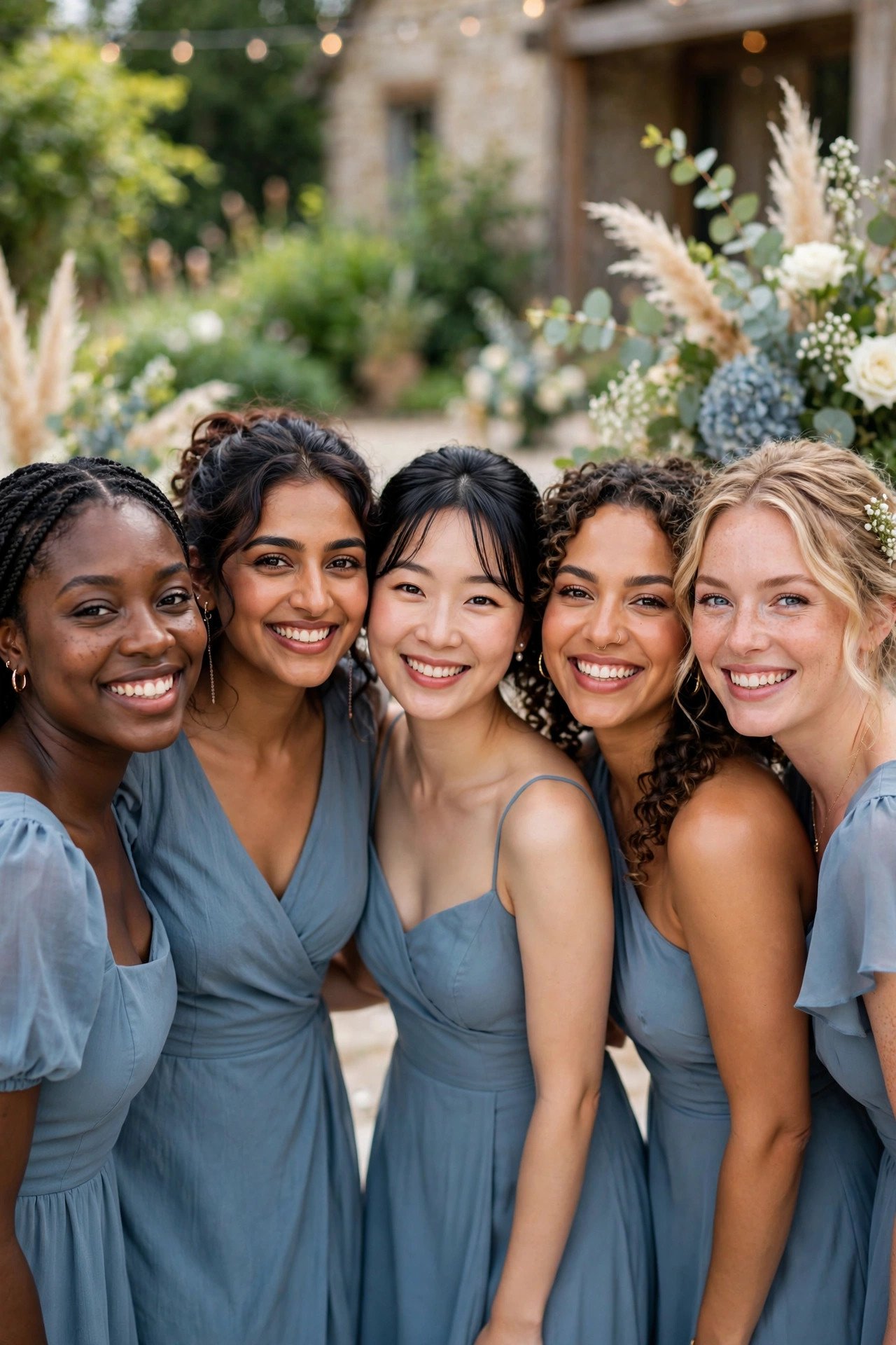 Diverse bridesmaids with different skin tones wearing flattering dusty blue dresses