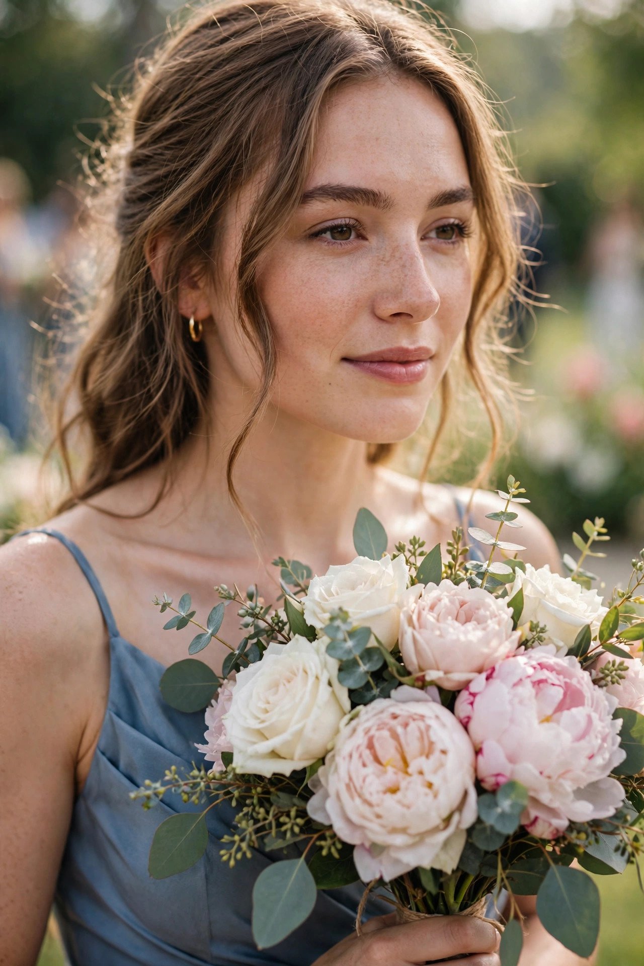 Bridesmaid in dusty blue holding a bouquet of white roses blush peonies and eucalyptus