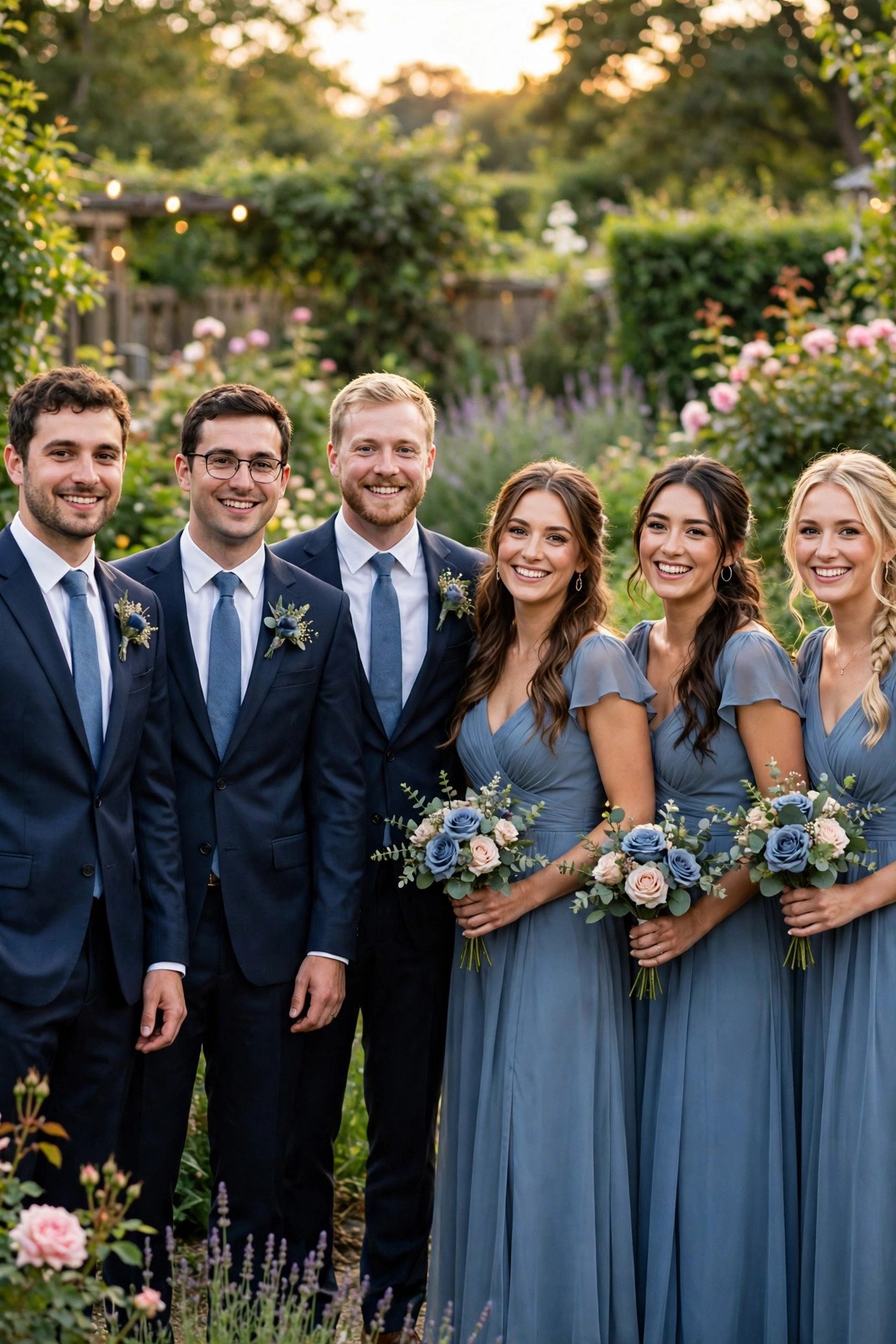 Groomsmen in navy suits with dusty blue ties beside bridesmaids in dusty blue dresses