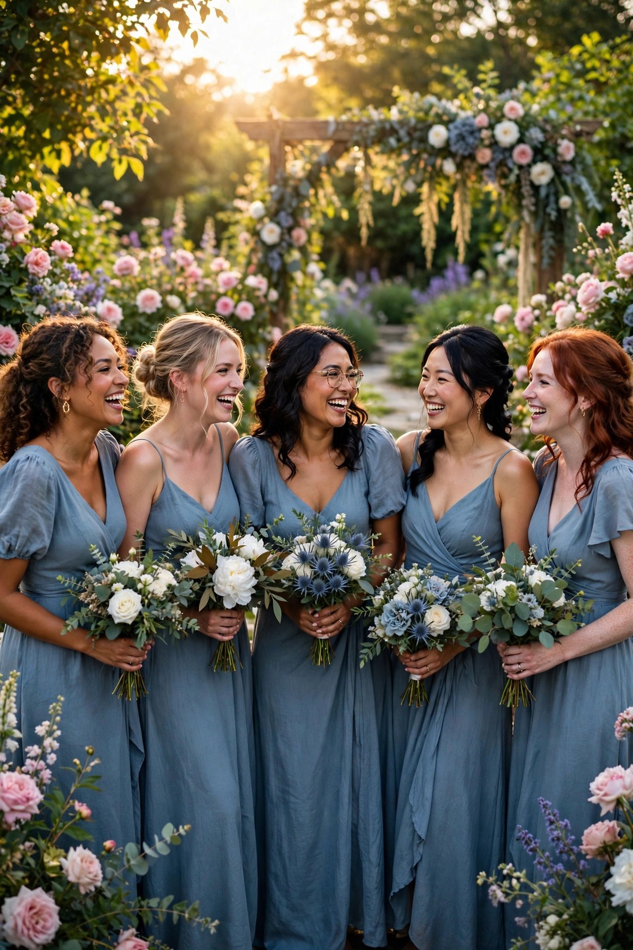 Bridesmaids in flowing dusty blue dresses at a sunny summer wedding ceremony