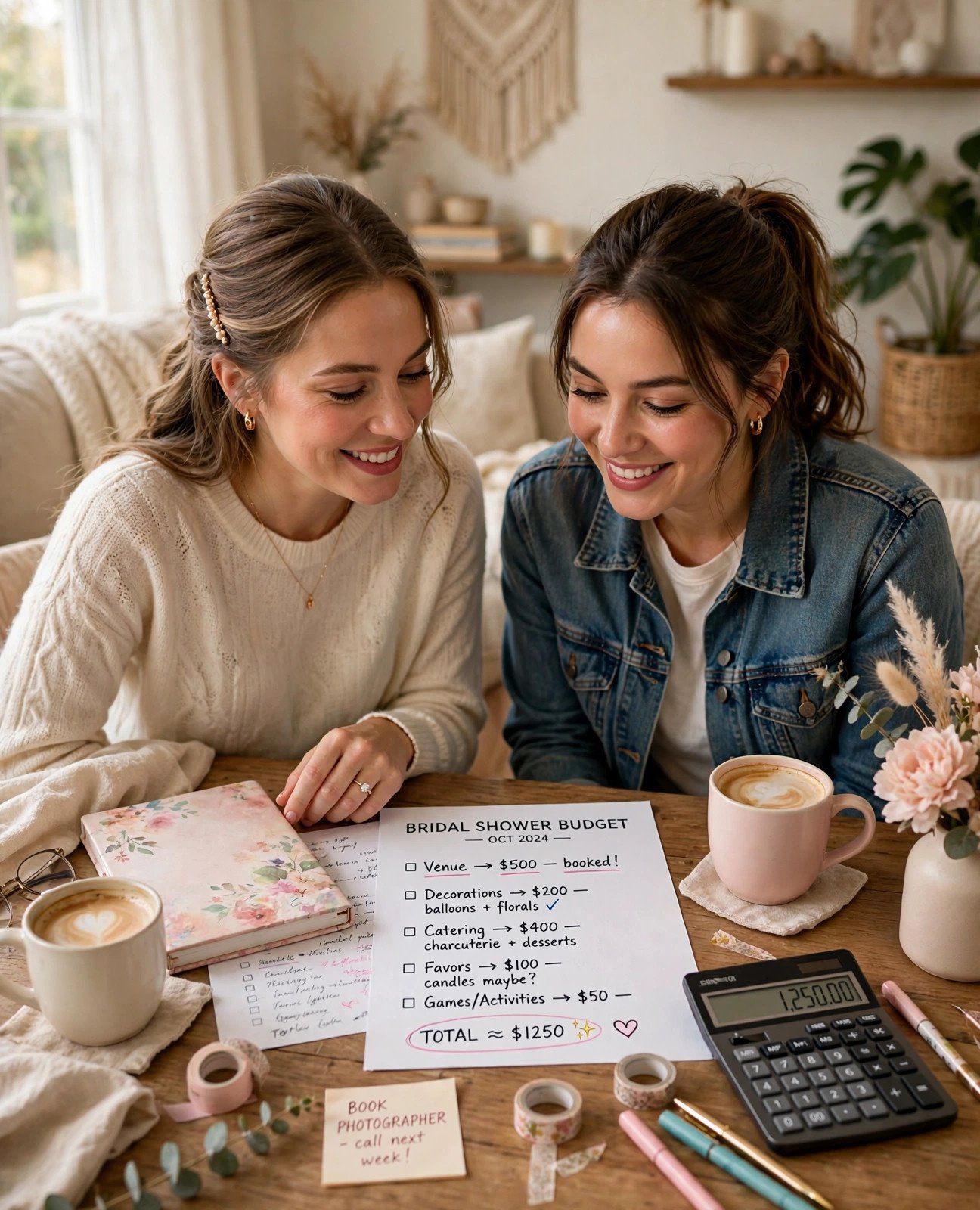 Bride-to-be and friend planning a bridal shower budget with notebook and calculator