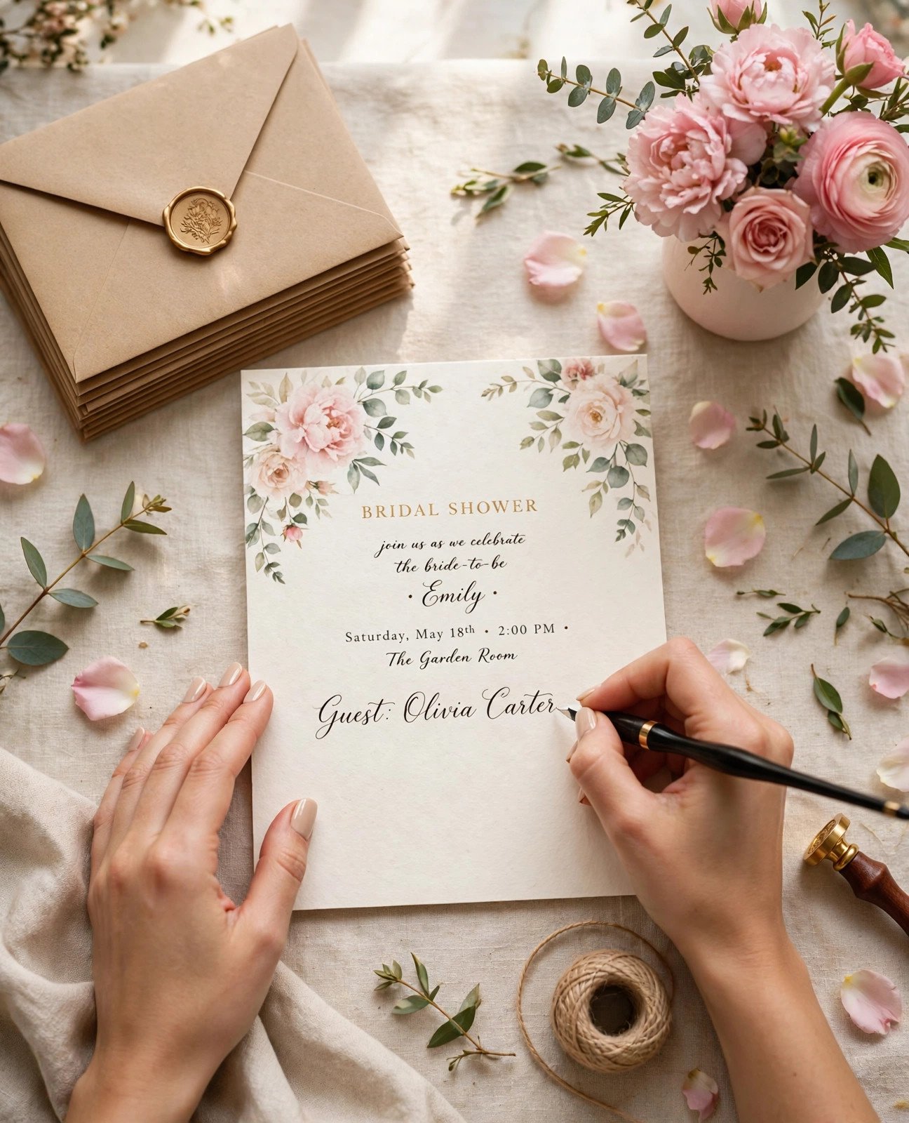 Hand writing guest names on elegant bridal shower invitations with calligraphy pen