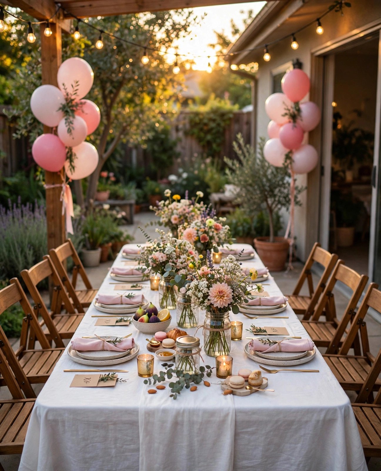 Bridal shower set up for free in a sunny backyard garden with string lights and balloons