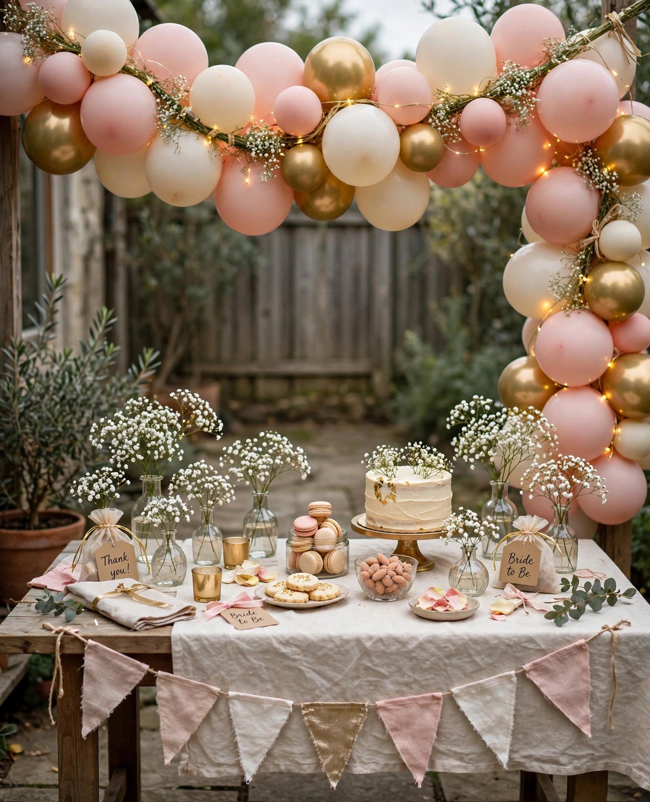DIY blush pink and gold balloon garland over a bridal shower dessert table