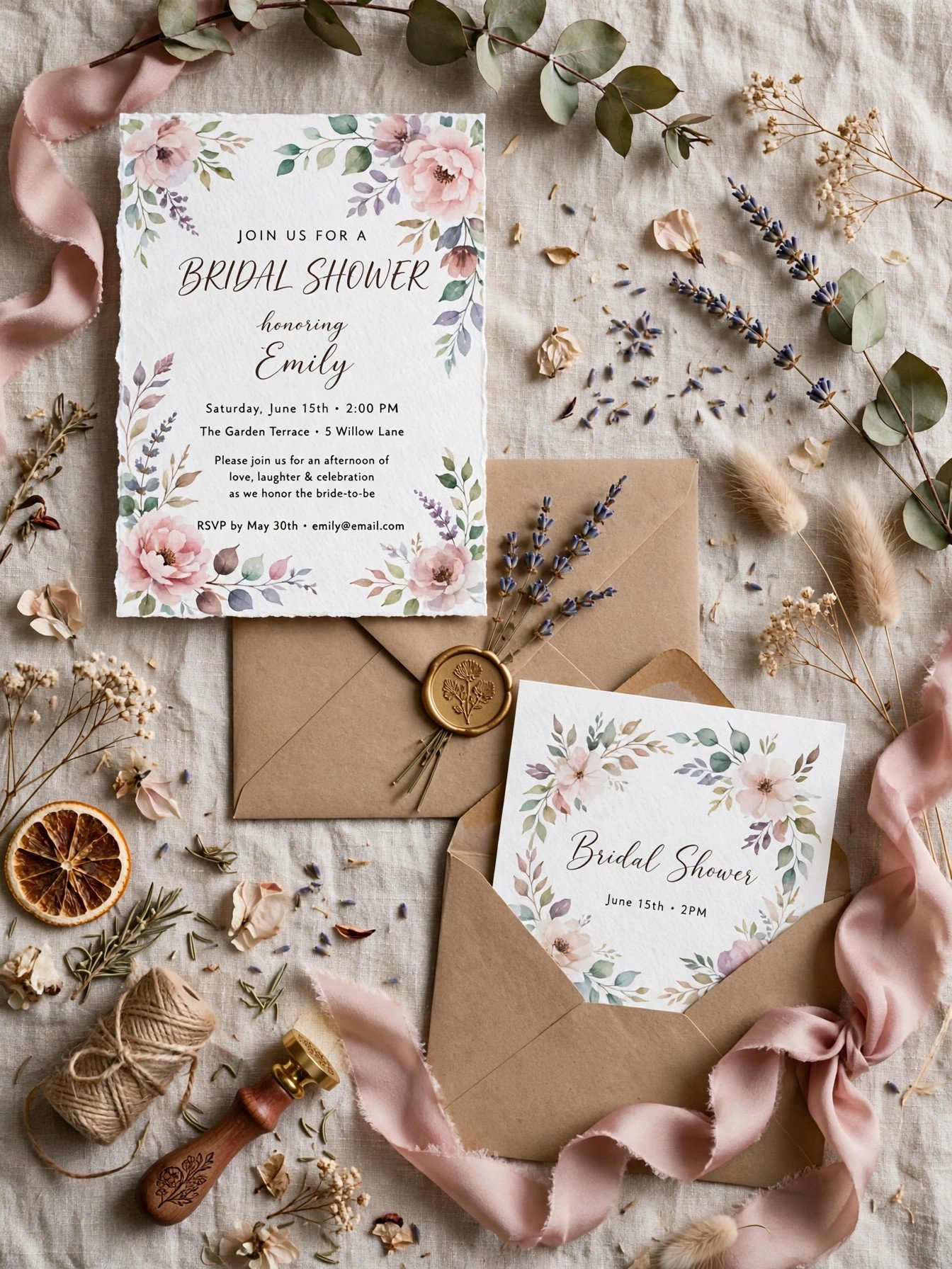 Handmade DIY bridal shower invitations with floral design, wax seal and ribbon